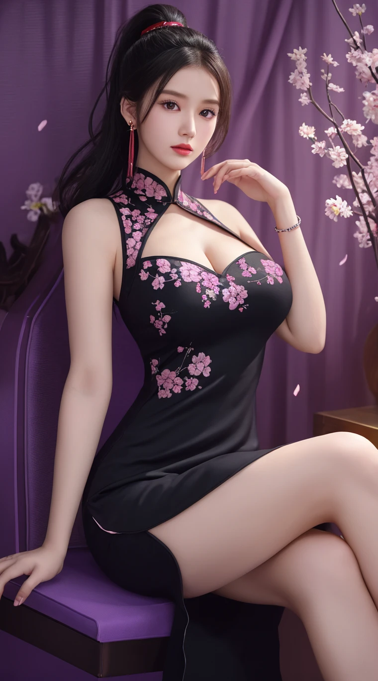 ( masterpiece, Texture_skin, excellent_detail, the best_quality, 1080P, HD, 4K, 8K, 16K), (beautiful_detailed_Eyes, beautiful_detailed_Lips, extremely_detailed_Eyes_and_Face), Soft_light, Physically based_Rendering, vivid_color, (Large target_breast:1.5), (short hair_thin braids_Bun hairstyle),  (shining_hair, shining_skin, Face红), (Bangs:1.5), Eye_reflection, 微lol_and_lol, (sleeveless_cheongsam:1.5) ,(sit on the chair,Spread your legs:1.3)。