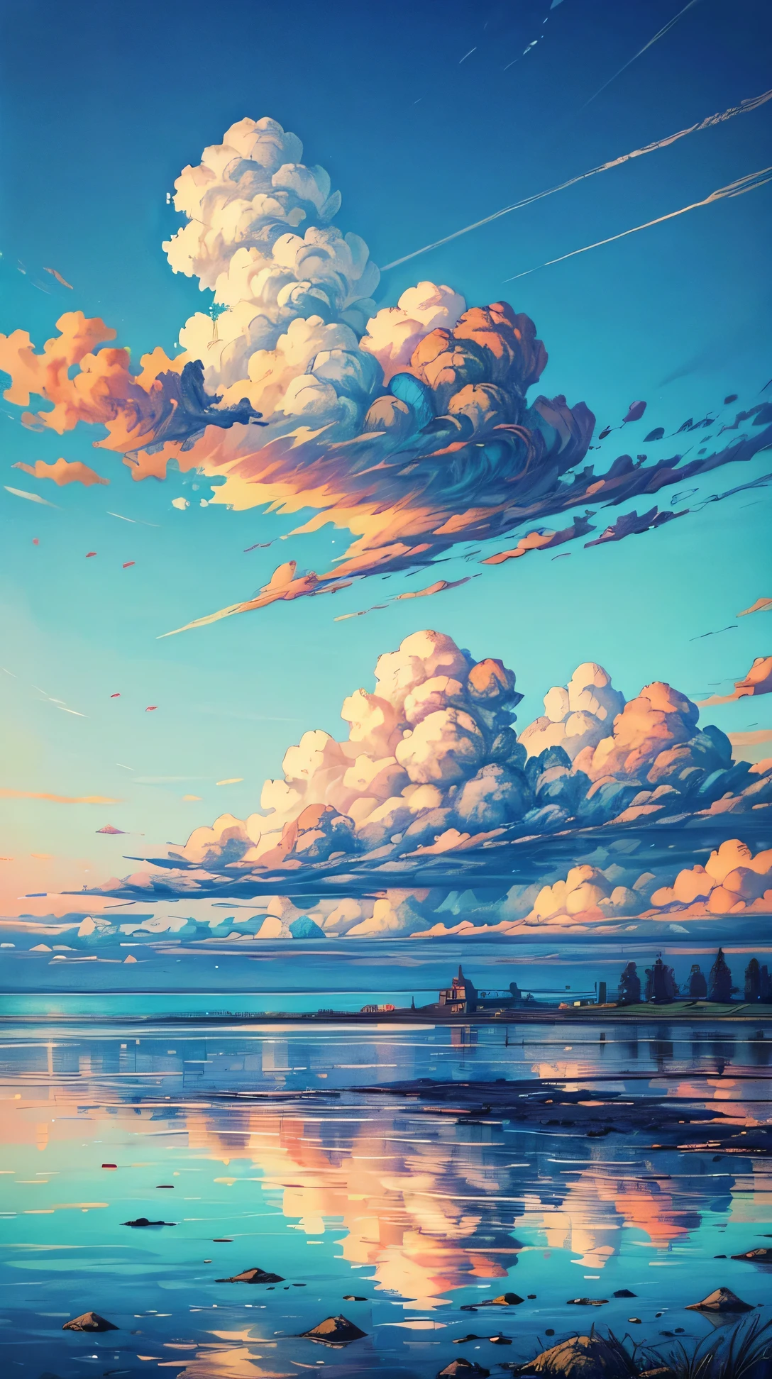 (landscape), A still lagoon reflecting the sky above, amazing sky, amazing clouds, beautiful sky, beautiful clouds, colored sky, high qualitity sky, a lot of clouds