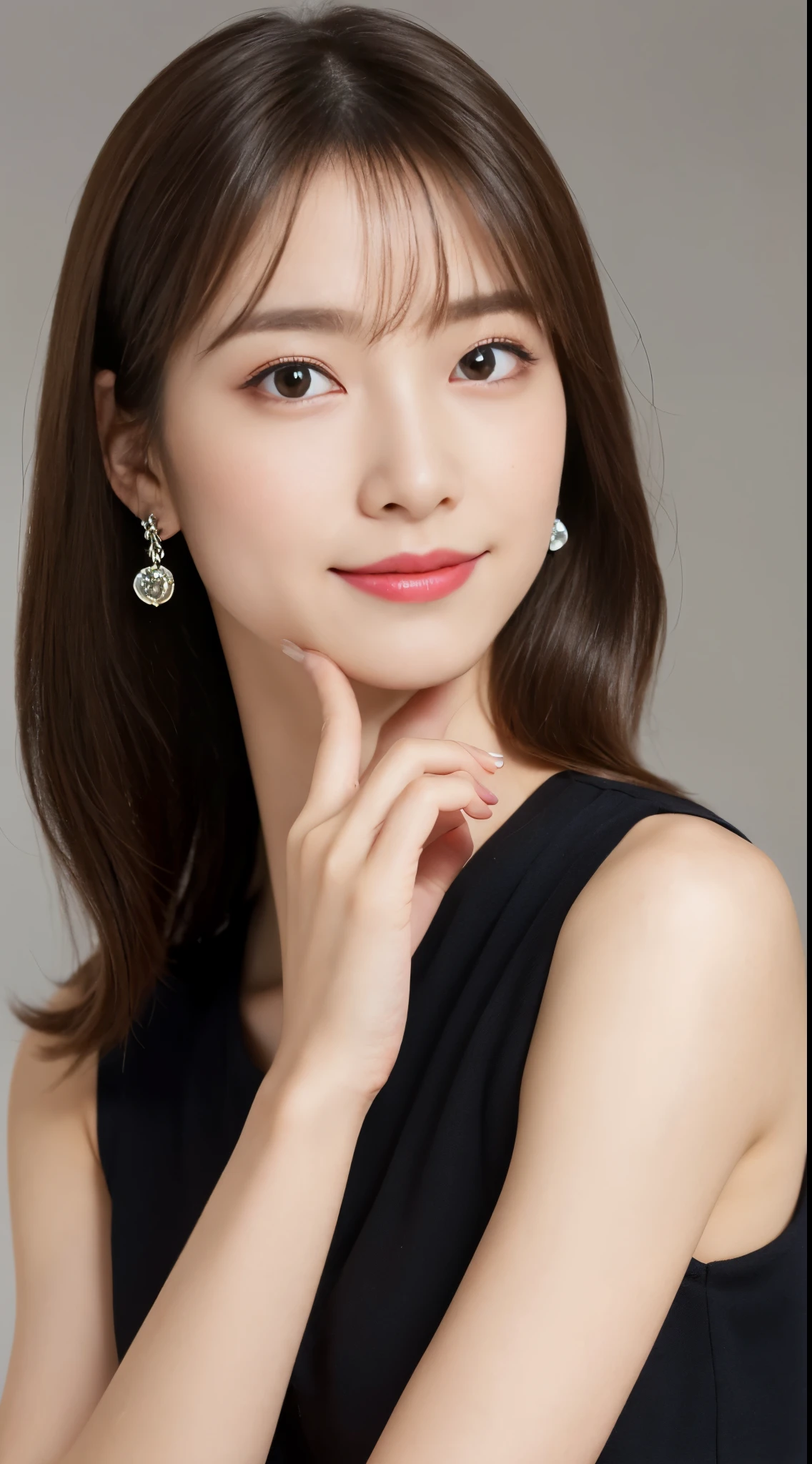 (((Violet Sleeveless Turtleneck Knitted Dress:1.2)))、(innocent and elegant girl)、(cowboy shot:1.2)、(focus on face and chest)、big breasts、(Luxury hotels:1.2)、From above、(straight hairstyle、brown hair、medium long hair)、Highly detailed face and skin texture、detailed eye、double eyelid、pale cheeks、 small shiny necklace and earrings、glossy lips:1.4、pure white skin:1.2、((big breasts:1.2))、ask for a kiss:1.2