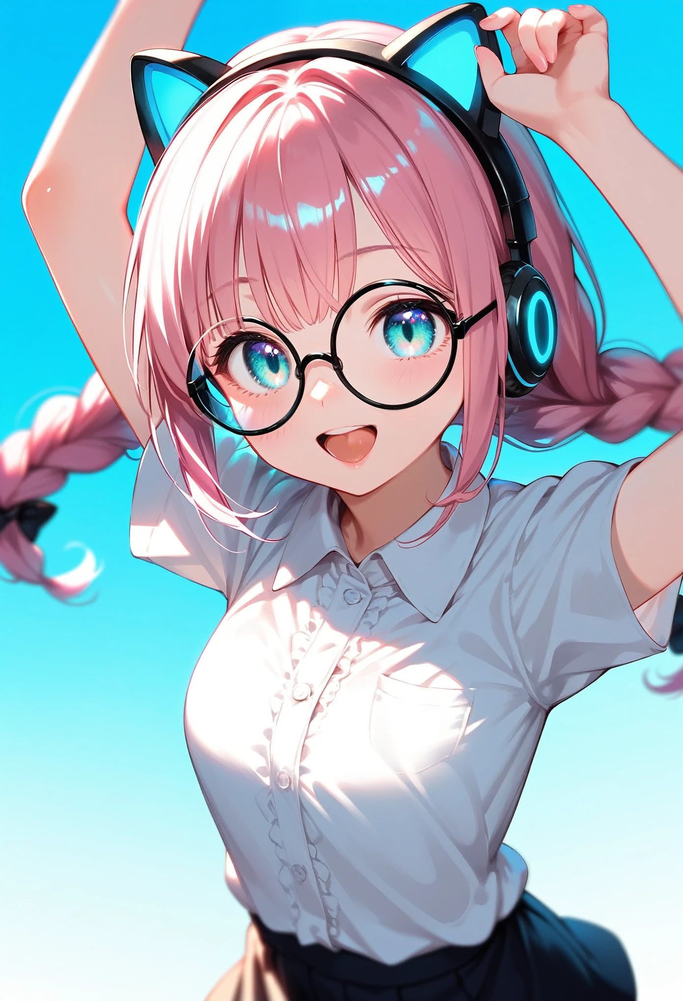 (best quality:1.2), (ultra-detailed:1.2), (2.5D:1.2), (Anime Moe Art Style), 1girl , pink hair, Cyan eyes, gradient eyes, twin braids, blue Glowing cat ear headphones, black round glasses, collared shirt, smile beam, open mouth, dynamic angle, simple background, pastel blue background, face focus, from above, cowboy shot, arms raised in the air
