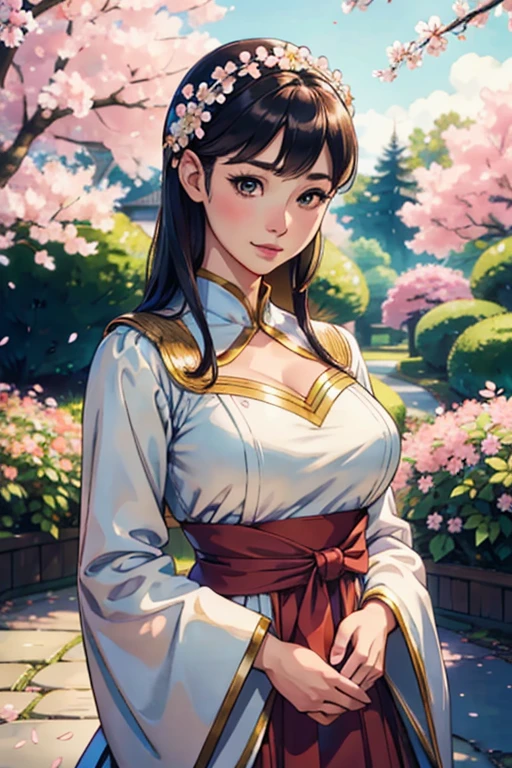 A beautiful detailed woman, adult actress Emi Fukada, wearing a Nanako cosplay, intricate costume details, delicate facial features, elegant pose, photorealistic, 8k, highly detailed, studio lighting, vibrant colors, warm color tones, cinematic lighting, beautiful scenery, lush garden background, cherry blossom trees, magical atmosphere, fantasy, kawaii aesthetic