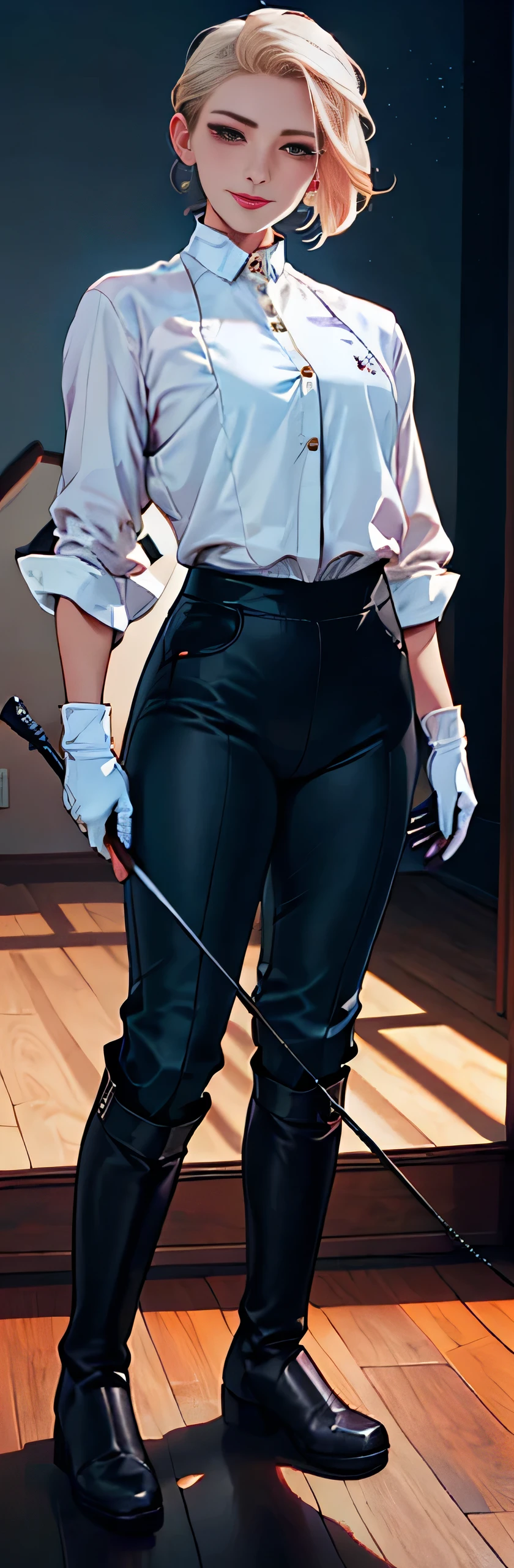 (highest resolution, distinct_image) best quality, a woman, solo, masterpiece, highly detailed, semi realistic, blonde hair, bangs, 1, mature, young, tall strong, uniform, military uniform( large indoor background), cold, serious, tall, handsome, autocratic, powerful, exquisite facial features, exquisite facial features, (full body)(black knee-high boots:1.4)(dominatrix:0.3)( Yoga pants:1.3),(gloves:1.5)(long sleeves),(active sportswear shirt),solo,1girl,(looking at viewer),(from below:0.9)(head turned upwards:0.3)(smiling:0.4)(bodysuit:0.3)(holding riding crop:1.2)(muscular:1.5)(shirt tucked in pants:1.5),(parquet flooring)(standing on floor)(pretty eyes)(staring)(yandere), white hair, superior smirk, smiling, devious, anime look, detailed drawing, manga, illustration , pink eyes, superior, smug, organized, from_below