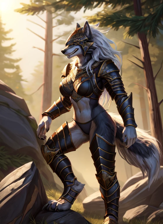 simple background, beautiful details, high quality, high res, (Masterpiece, top quality, best quality, perfect eyes), in a forest, (pine tree, tree trunk, rock, boulder), detailed face and body, detailed lighting, solo, covered eyes, maliketh (elden ring), ((female anthro wolf furry)), ((female)), canid, canine, voluptuous, big body, plump, smiling, smug, showing teeth, (standing, stepping on a boulder with leg raised high), side view, tail, long fluffy tail, digitigrade, toe claws, long flowing hair, wearing ((armor, helmet, black thong, black underwear, black bra, thigh-guards, steel vambrace, intricate armor, thick armor)), black armor with golden accents, ferocious facial expression, baring teeth while smiling, ((safe for work))