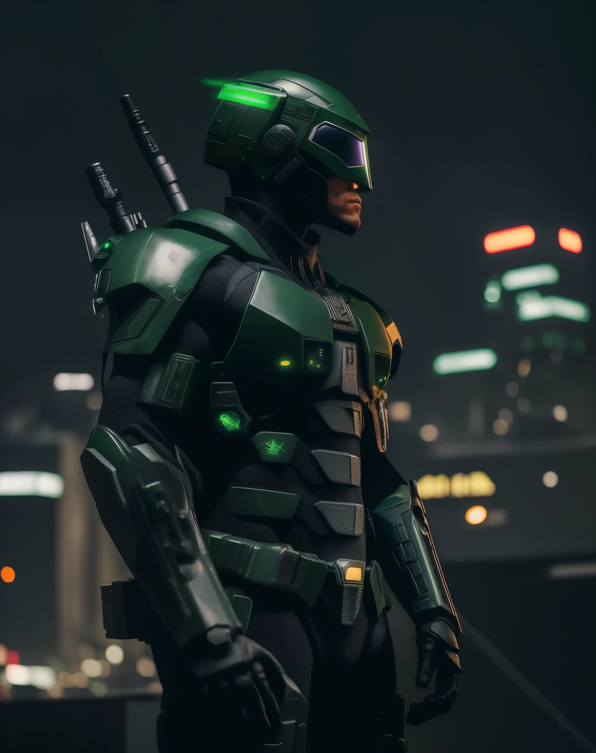 Green-suited man with a weapon and green light, Master Chief in Cyberpunk City, usando green armor e capacete, cyberpunk suit, Cybernetic suit, stealth suit, cyberpunk armour, green armor, clothed in sci-fi military armor, cyberpunk soldier, metallic green armor, dressed in stealth armor, Batman cyberpunk, cyberpunk knight, cyber fight armor