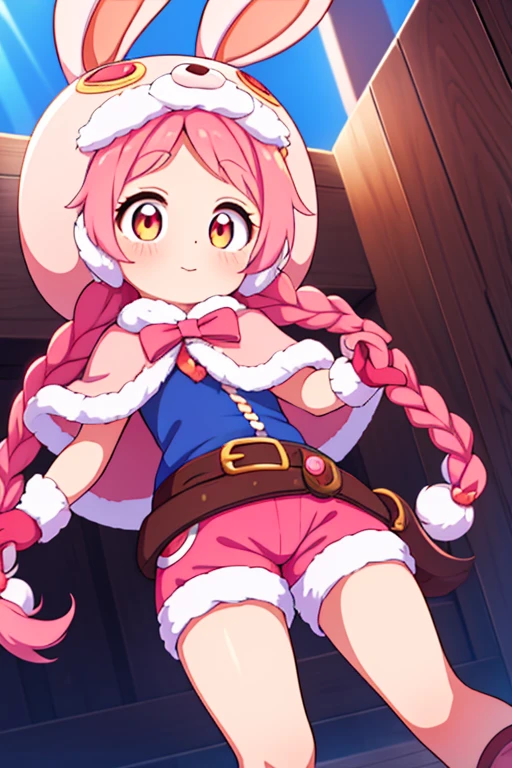 pink hair, long twin braids, , pink short sleeves, red gloves, light orange eyes, rabbit ear hood, blue shorts, belt, pink cape, cute, high quality