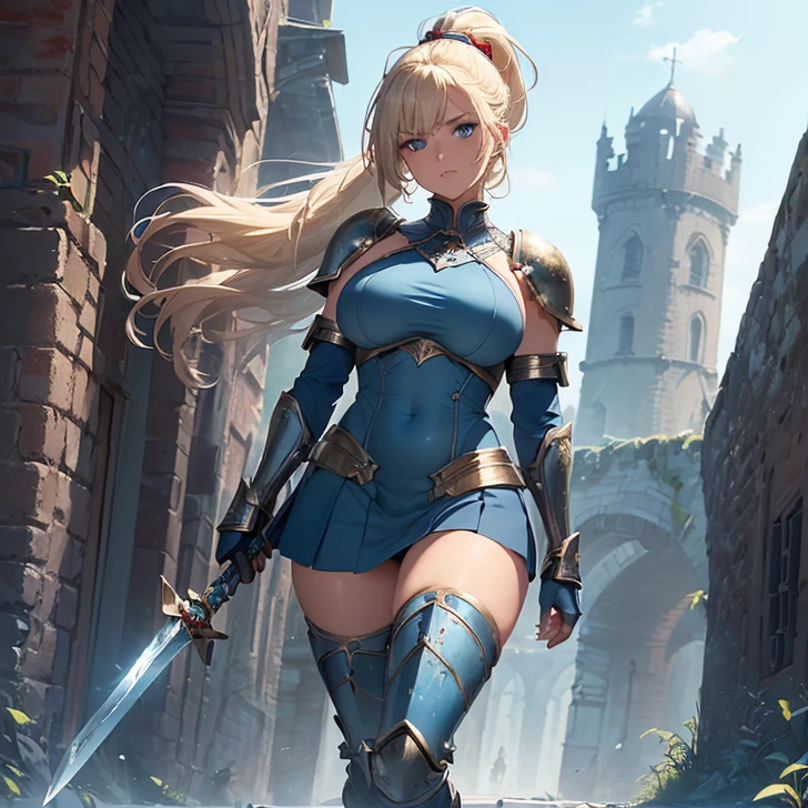 (Absurdres, master piece, best high quality image, very detailed features, very detailed textures, carefuly detailed artwork, solo character, full body desing, Warhammer 40K aesthetic)
{{(1character: 40 years old beautiful blonde woman, (fair skin, blue eyes, blonde golden long hair tied in a high ponytail with a long crimson ribbon, blood on face, blood on armor, bleeding, voluptuous figure, holding with both hands a sword), (bulky feminine armor, blue bulky armor plate, full chest plate, big houlder plates, belly plate, armored gauntlets, armored sleeves, steel hip plates around the skirt, long metal boots, medieval knight helmet, (under the armor she wears: grey leotard covered by a light blue combat padded bra and a light blue short skirt, light blue long leather spandex boots, light blue long sleeves and padded gloves, dark blue steel shoulderpads), (silver and red colored long sword with a red magical blade), (City ruins during a battle between knights against samurais))}}