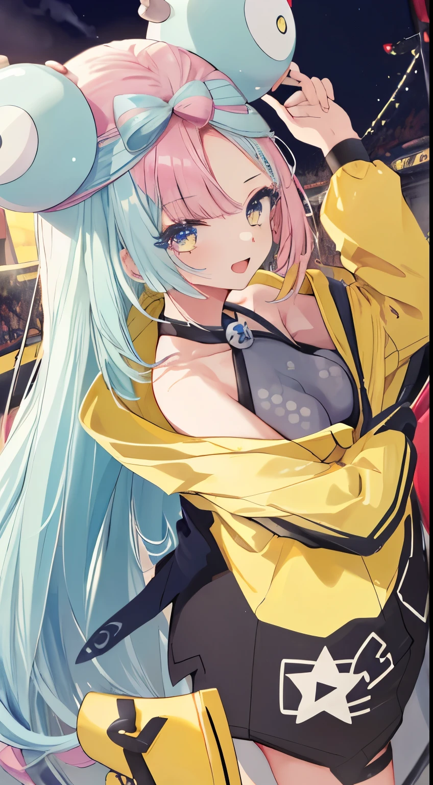 nsfw, Masterpiece, Beautiful painting touches, Detailed Description, ((迫力のあるNanjamo)), Detailed face and eye depictions, smile, nsfw, Beautiful Eyes, Perfect Anatomy, Detailed background depiction, 1girl, Jonah, pokemon_Jonah, Nanjamo, Round hair ornament, Sideboob, Yellow jacket, Baggy jacket, Long Hair, Small breasts, , Concert Venuesの背景, night, ((Top view)), Concert Venues, Spotlight, Yellow electric guitar, Playing electric guitar, Thunder, Electric shock, There is a large audience, Open your mouth, Sing a song, Vibrant hair