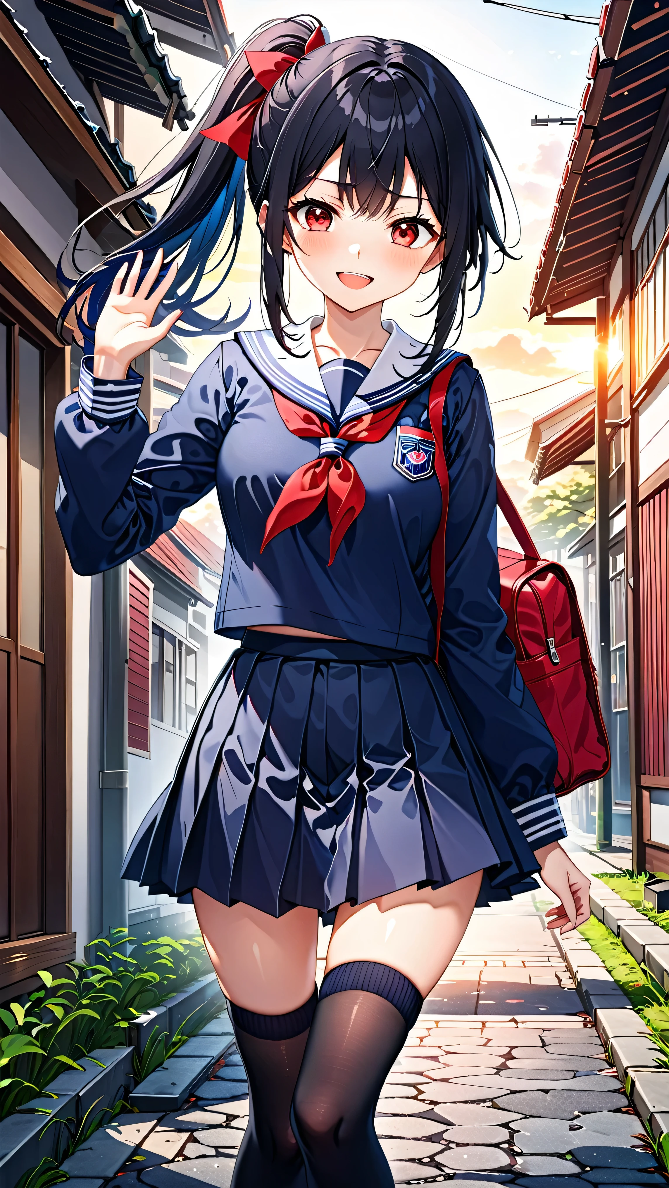 scowling face,cowboy shot,thin legs,standing,very young girl,extremely skinny girl,front shot,flat chest,low twin tails,black hair,red ribbon,(pink panty:1.0),(navy colored sailor uniform1.0), (navy colored skirt:1.0),white knee socks,burst out skirt,up skirt,panty shot,from below,ground level shot, girl 