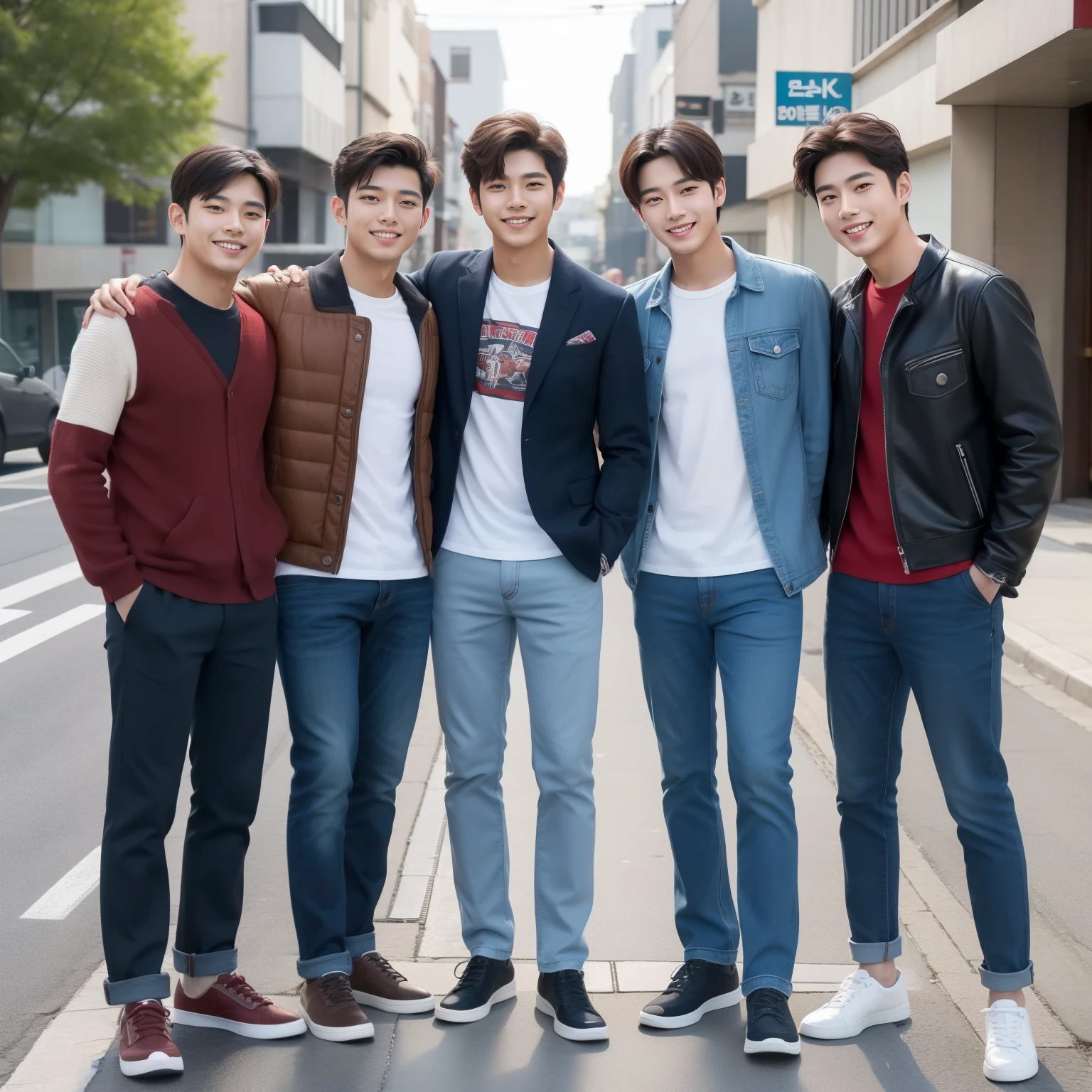 A four-man Korean handsome group stands side by side smiling in the street, Casual clothing, Teenager, full body, a picture, 8k, high detail photo, Masterpiece