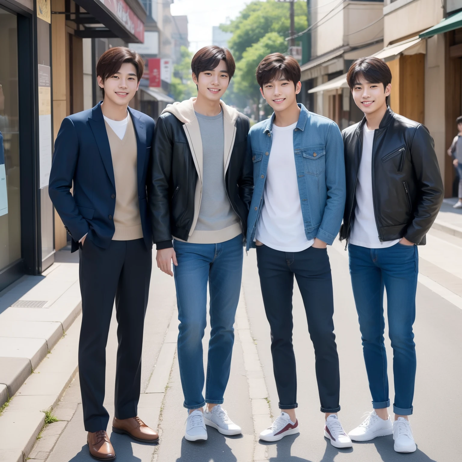 A four-man Korean handsome group stands side by side smiling in the street, Casual clothing, Teenager, full body, a picture, 8k, high detail photo, Masterpiece