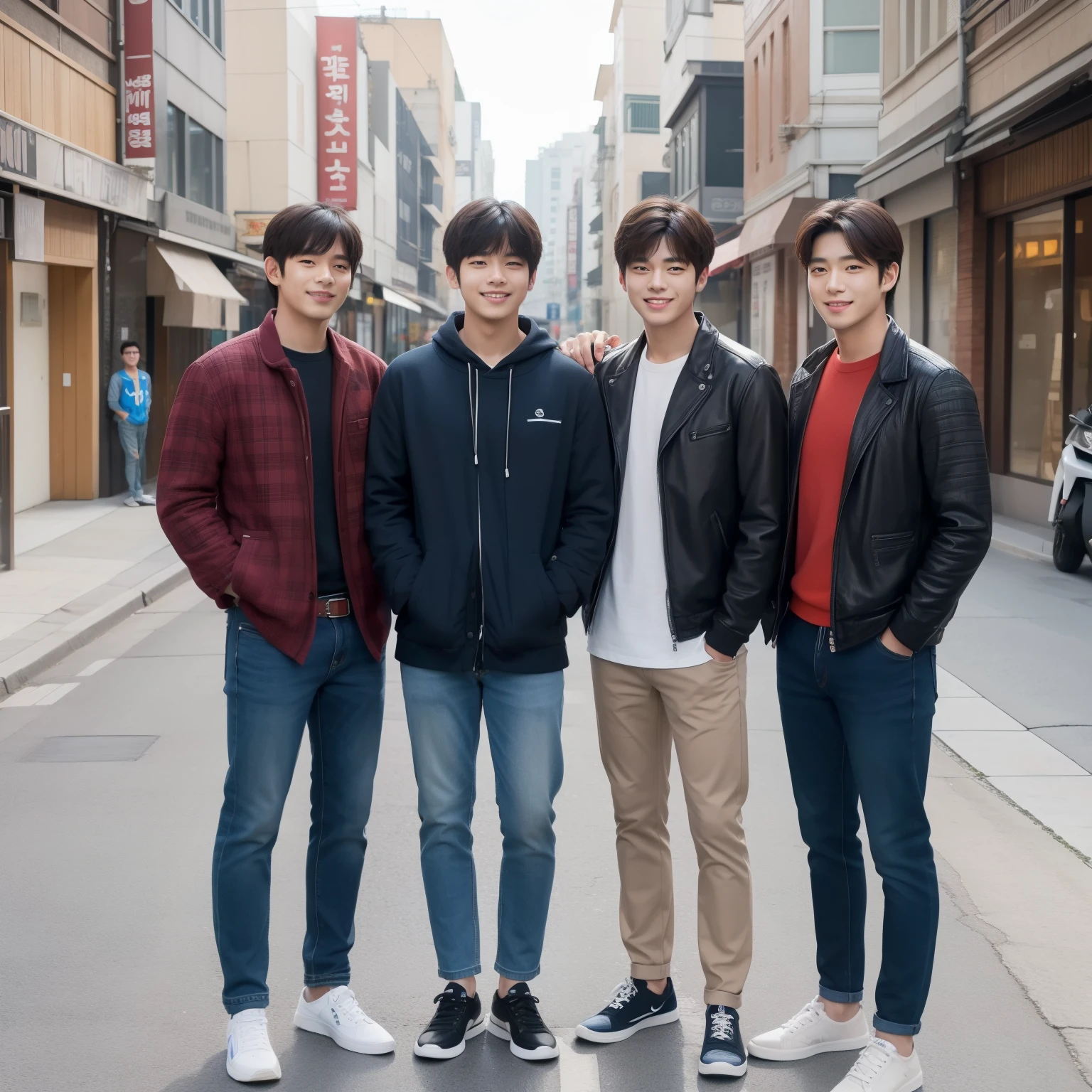 A four-man Korean handsome group stands side by side smiling in the street, Casual clothing, Teenager, full body, a picture, 8k, high detail photo, Masterpiece