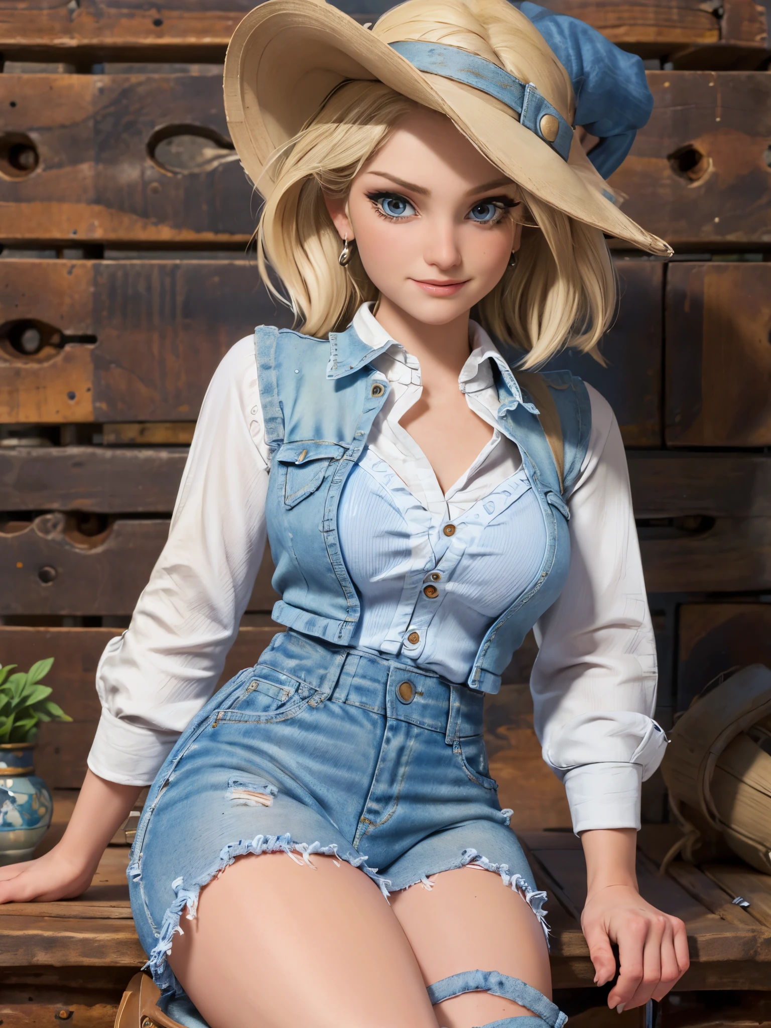 (cowboy shot: 1.2), (finely detailed beautiful eyes and detailed face), (face through thigh: 1.4), (knee shot: 1.2), blonde hair, solo, lady, (beautiful background), :), dynamic angle, blue eyes, light face, sunlight, (bright face: 1.2), broad smile, full body shot, solo, blonde hair,  blue eyes, short hair, earrings, jewelry, denim vest, open vest, (black shirt), denim skirt, (long striped sleeves), blue skirt, brown cowboy boots, liz.ashley 