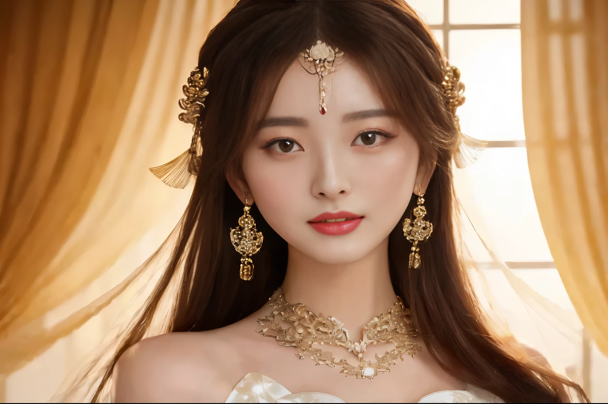 Close-up of a woman wearing a white dress and a gold necklace, A beautiful fantasy queen, beautiful chinese model, Inspired by Huang Cheng, ((A beautiful fantasy queen)), Chinese Style, palace ， A girl wearing Hanfu, gold jewelry, chinese princess, Ruan Jia Meili!, Dilireba, traditional beauty, ethereal beauty