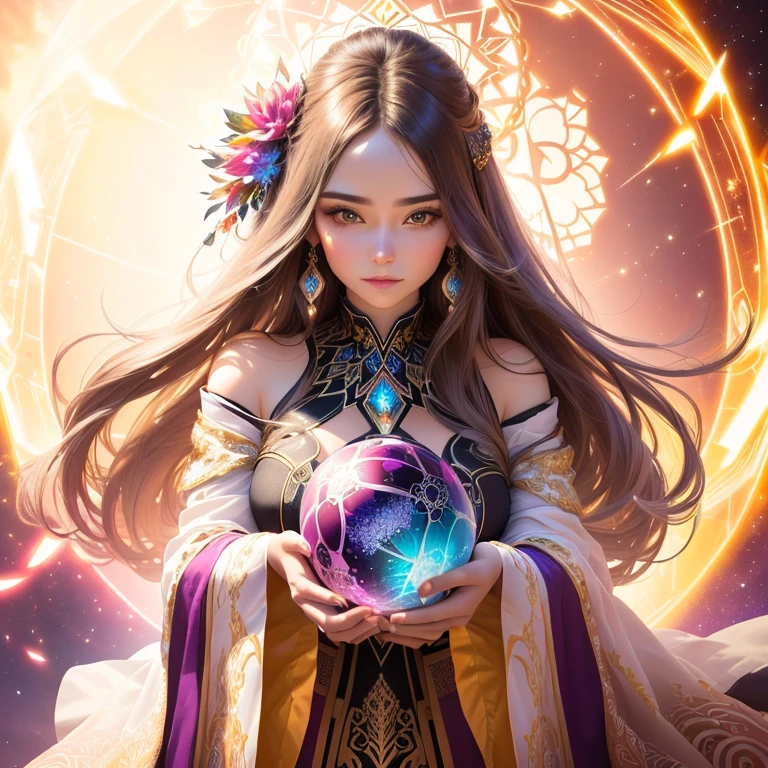 A close-up of a woman fills the center of the image, her face turned directly towards the viewer with an intense, focused gaze. Her long hair extends outward, flowing beyond the edges of the frame, creating a sense of movement and grandeur. In her hands, she holds an enormous, vibrant, and colorful crystal sphere. The sphere glows with a kaleidoscope of colors, reflecting light in mesmerizing patterns, and its size nearly exceeds her grasp. The woman's poised expression contrasts with the radiant, magical energy of the crystal, making both her and the sphere the captivating focal points of the image.
