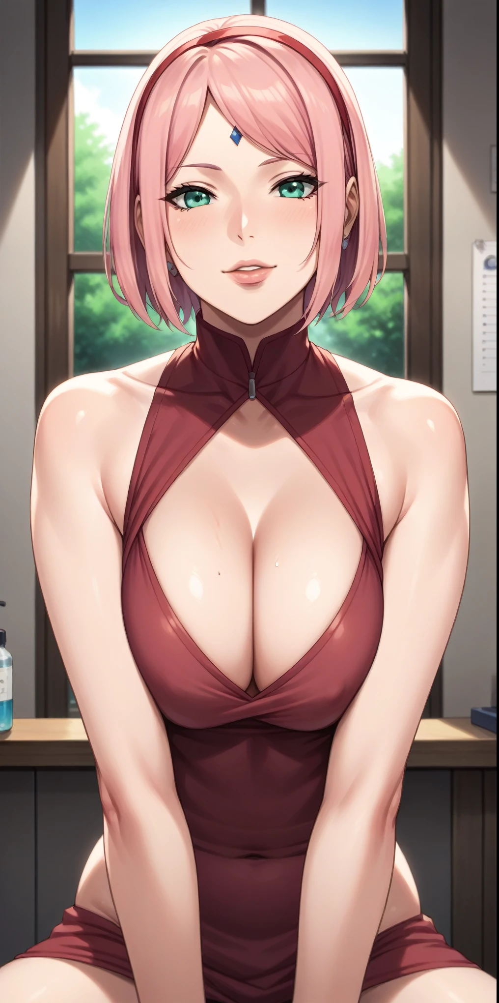 Adult, female, mature, Haruno Sakura, voluminous bangs, pink hair, short hair, hair in the eyes, perfect green eyes, perfect blue irises, voluptuous body, medium breasts, plump lips, sensual figure, pink dress, long sleeves, rings on the dress from behind, tight, cleavage, on a street, pose from behind looking back, techno, at night, booth seats, leaning in cyber decor, sexy woman, dominant, cheeky smile, seductive, leaning in booth head shot, shot, close up, (Masterpiece, Anatomically Correct, Accurate, Best Quality, Detail, High Details, Quality, Super Detailed, High Quality, Skin Detail, Amazing Skin Detail), (SuperQuality:1.0) ~ (SuperQuality:1.2)