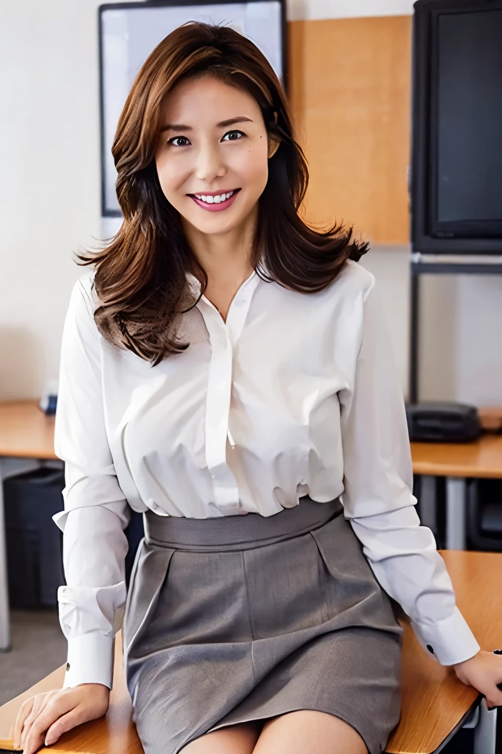 Brown Hair、Medium Hair、smile、Big Breasts、Sexy body、WhiteShirt、Grey mini skirt、female teacher、sitting in an office chair、In a school classroom