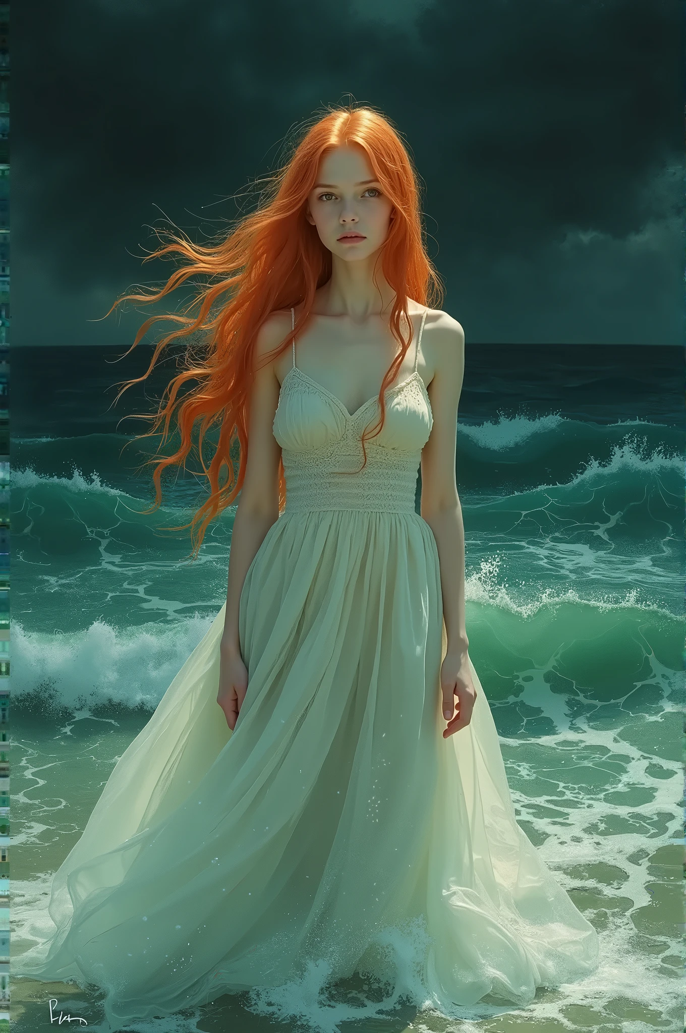 Sdxl Photorealism Realistic fiery redhead Woman BREAK she is holding a big anvil made of cast iron BREAK she is sitting in a small wooden boat BREAK she is wearing a loose fitting deepcowl revealing dress made of wet cotton, soaked cotton, see-trough fabric, wet fabric BREAK there is a big rope tied around her waist BREAK Dark Stormy clouds in the background, bokeh background BREAK her gothic makeup is dripping because of the heavy rain, downpour rain, diluvian rain BREAK the water of the lake is dark + shimmering pale spectres of liquid souls streaking under the surface BREAK she has bruises on legs, around her neck and on her forearms BREAK she is extremely goodlooking, perfect female proportions, slender but athletic, medium pointy breast, hard nipples under the wet fabric of her torn dress BREAK subliminal medusa head in the fullmoon in the sky, barely perceptible BREAK rule of third composition + 8k + HDR studio lighting + cold color palette + vivid textures +