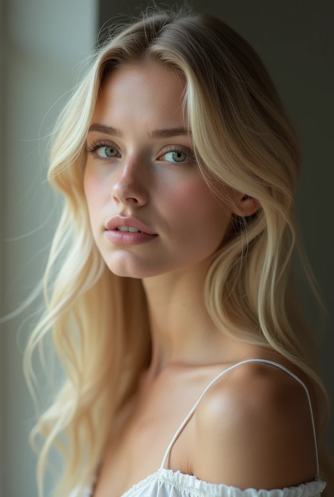 ((beautiful woman, 22 years old, skinny fit body, perfect breast, ultra detailed nipples, innocent face, gray eyes, with blonde hair)), (realistic:1.3), nude, vibrant colors, natural lighting, cinematic composition, intricate details, Real life, ultra realistic, photorealism, photography