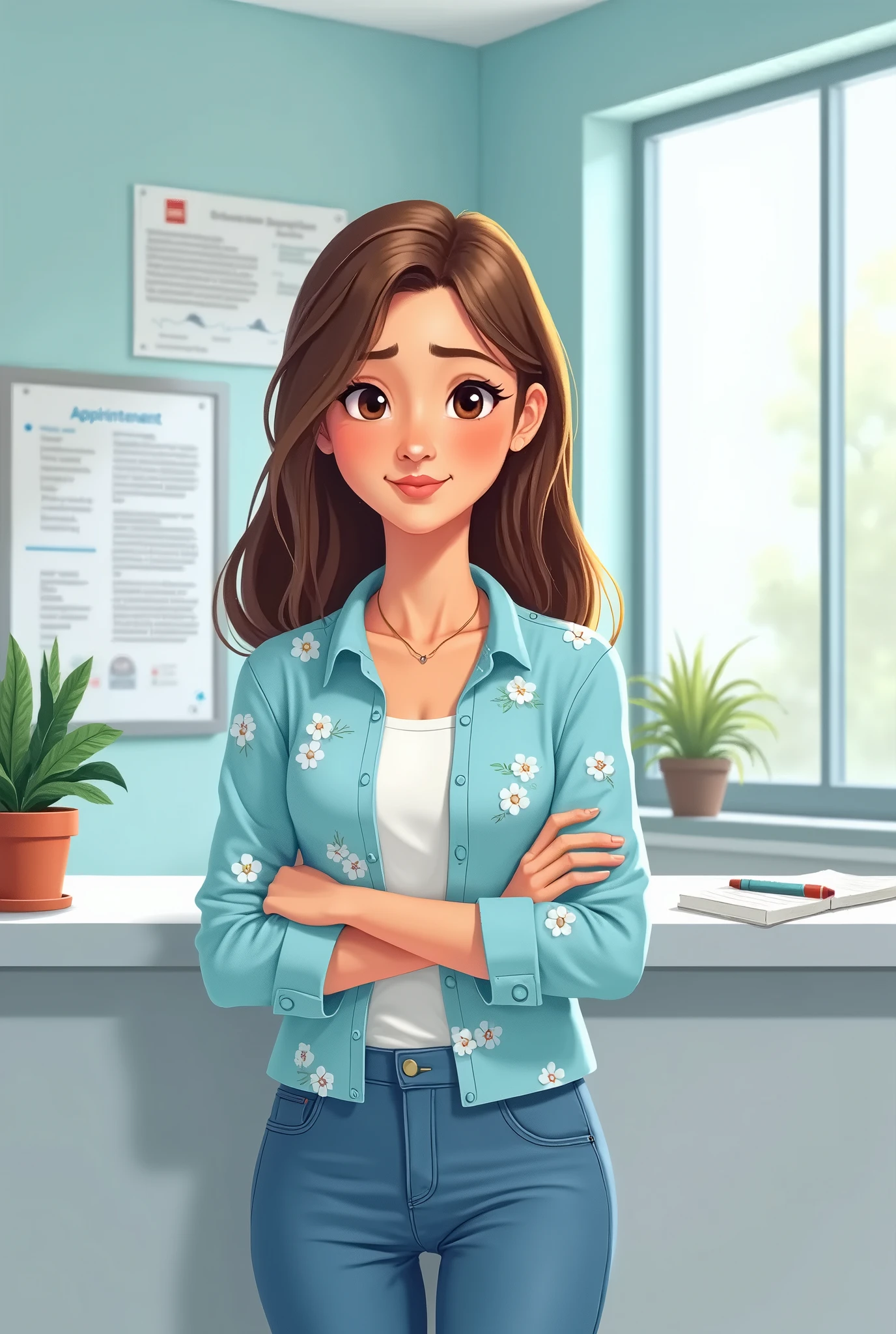 Create a female funkoo pop with features:   A young woman named Sarah stands at a clinic reception desk, looking attentive and ready to make an appointment. She has shoulder-length, straight brown hair and bright hazel eyes. She’s wearing a light blue blouse with floral patterns and denim jeans. Sarah is holding a small notepad and pen, looking slightly concerned but hopeful. The background features a clean and modern clinic interior with informational posters on the walls and a potted plant nearby.