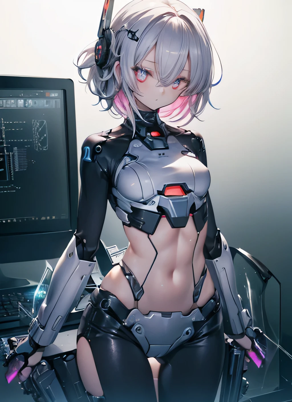 masutepiece,1girl in, Best Quality,cyberpunked,(Alternative、dim colors, Soothing tones:1.3),(slenderbody、Clothes torn:1.3)(well-shaped breasts、Back and buttocks exposed:1.5)(One arm of a huge machine:1.8).NSFW、Cyber City Destroyed、Doomsday World、Cyber Zipangu、Dawn sky(Get down on one knee、crouching down:1.8)(Aerial view:1.5)(Upper body:1.7)