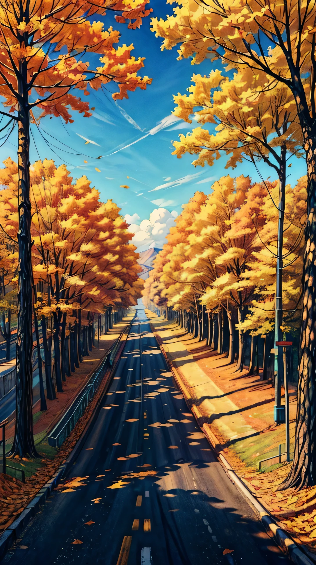  (landscape), A quiet, empty asphalt road lined with bare trees and scattered golden leaves. Warm autumn sunlight casts long shadows on the road, with a peaceful, nostalgic silence in the air.