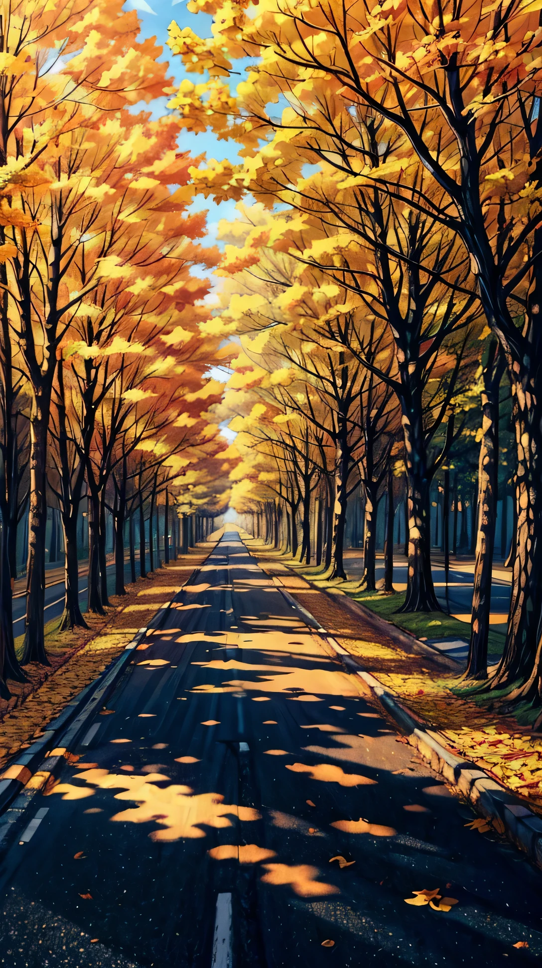  (landscape), A quiet, empty asphalt road lined with bare trees and scattered golden leaves. Warm autumn sunlight casts long shadows on the road, with a peaceful, nostalgic silence in the air.