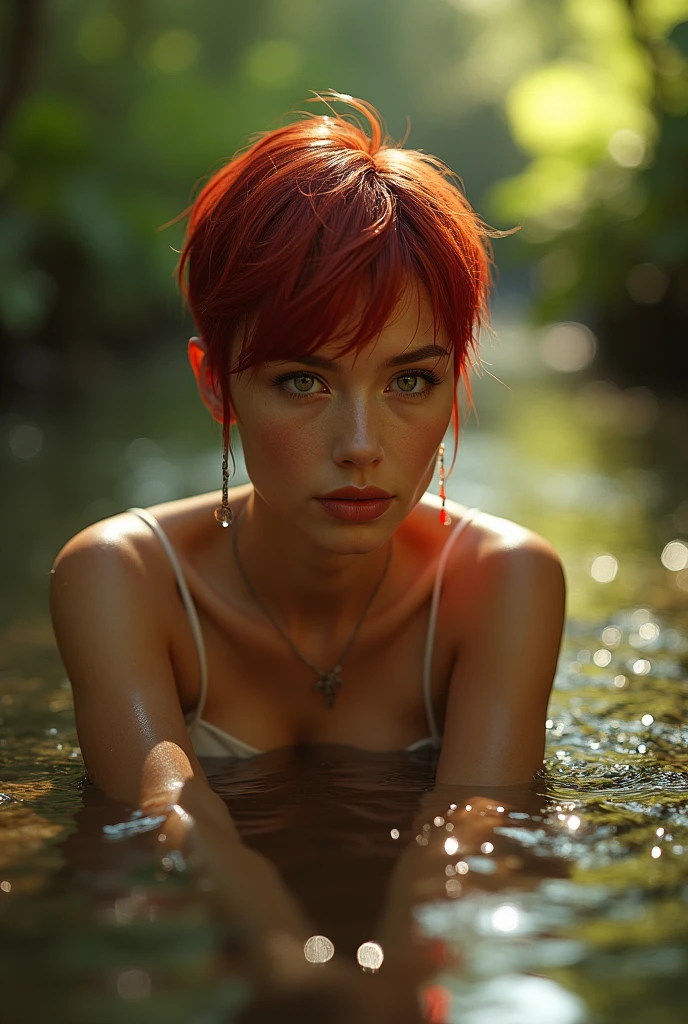 (Best Quality,hight resolution,Masterpiece:1.2),Ultra-detailed,The woman,Wearing flared jeans,sickly,drowning in a swamp,gloomy ecstasy,fetish,dark gloomy atmosphere,gritty texture,Retro-atmosphere,warped reality,melancholic expression on his face,mysterious aura,foggy atmosphere,foggy background,Subtle color palette,provocative pose,Strong emotions,Coming Out of the Depths of Despair,Piercing gaze,intense shadows,Plunged in Darkness,Rugged terrain,ominous vibe,A supernatural sensation,Loss of Place in Time and Space,Eerie silence.asymmetrical bangs, freckles, Pink hair short, Bangs, freckles, gray eyes,