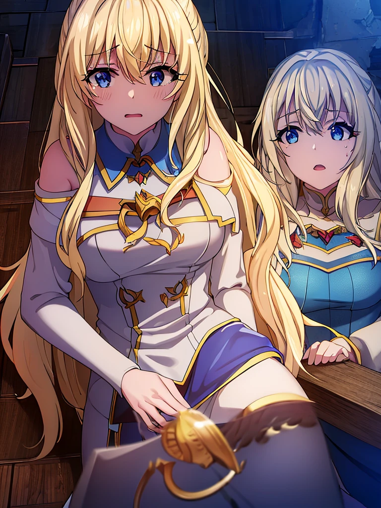 ((Highest quality、High resolution))、Beautiful woman、Perfect body、Beautiful and bountiful breasts、(tits、Nipples、Pussy、Love juice、No panties)、long blond、bangs、Blue and white、Embellished blue sexy dress、skirt、(((Having sex、rape、A woman being raped by a group of men)))、Outdoor Scenery、((Frightened expression))