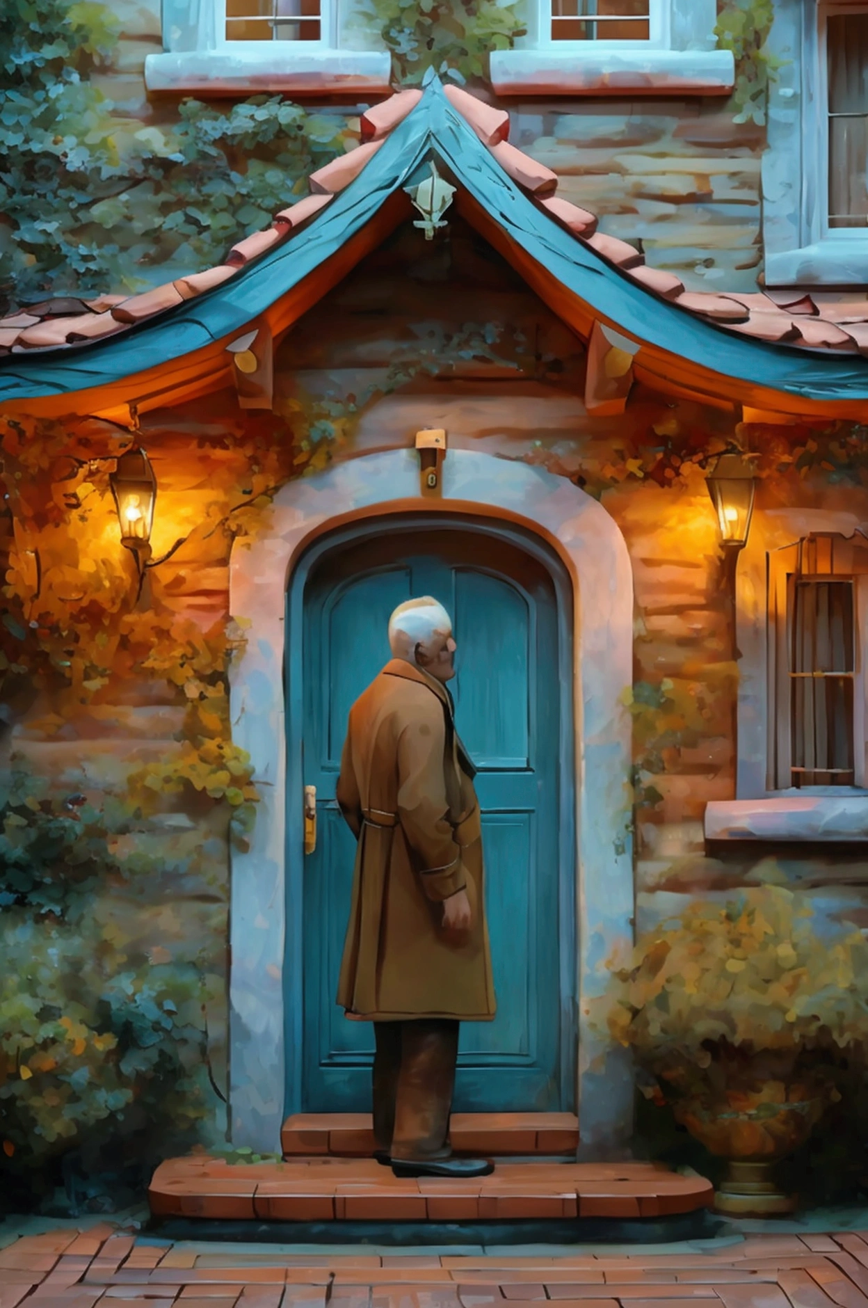 A middle-aged man with short, dark hair and deep-set brown eyes stands at the entrance of a cozy, warmly lit home, his hand on the doorknob. His expression is one of uncertainty and sorrow, reflecting his inner turmoil. The scene conveys a heavy emotional atmosphere —ar 16:9.