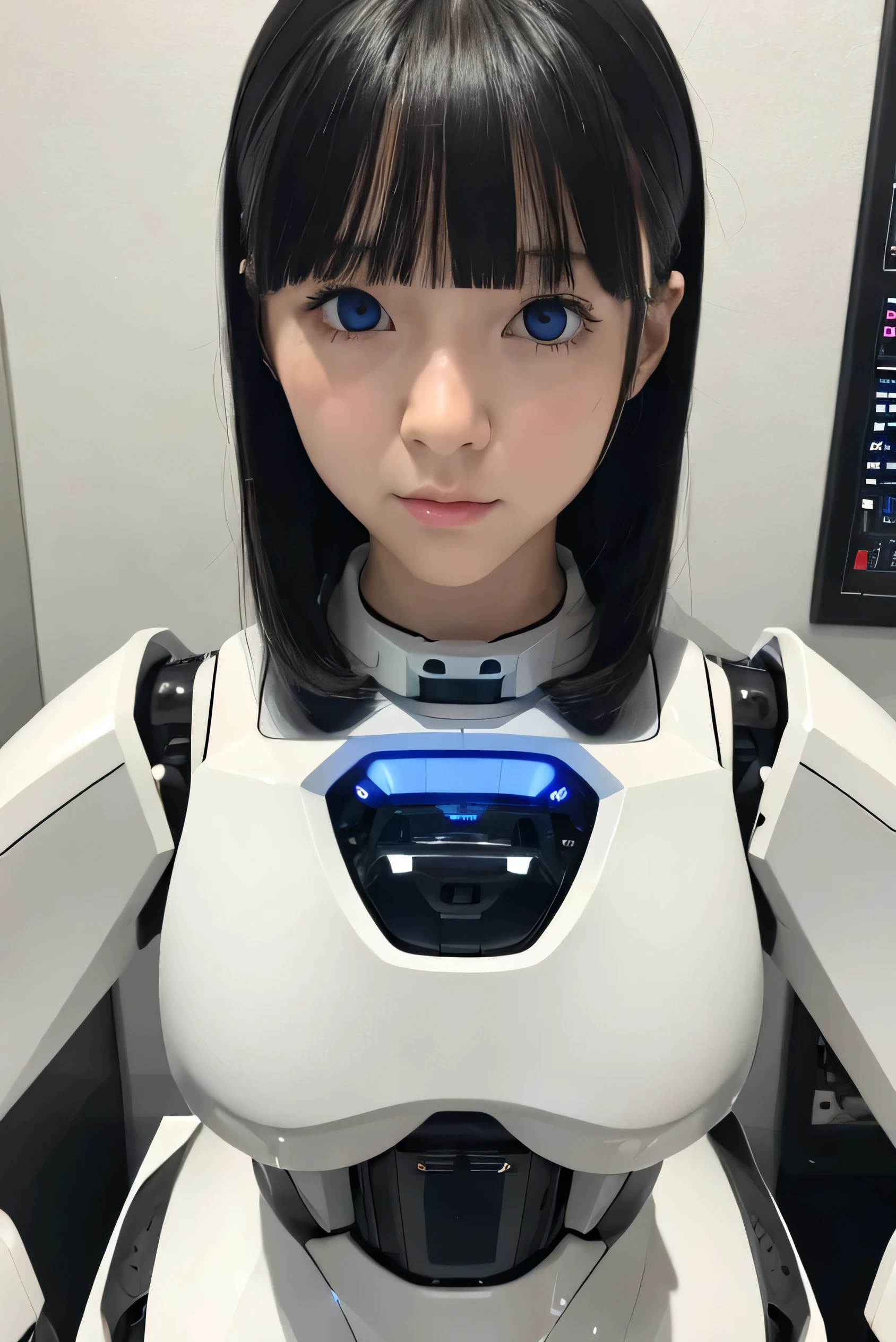masterpiece, best quality, extremely detailed,Japaese android girl,Plump,a bit chubby,control panels,android,Droid,Mechanical Hand, ,Robot arms and legs, Black hair,Mechanical body,Blunt bangs,White Robotics Parts,perfect robot woman,Charging spot,Long Tube,A thick cable was connected to her neck,perfect mechanical body,white robotics body,future assembly plant,white body,She has repaired,black sponge joints,android assembly plant,android,laboratory,perfect machine body,white robot body,blue eyes