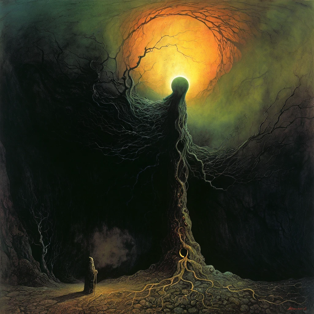 The dim light illuminates an eerie creature about three meters tall, resembling a gnarled earthy figure, combining the features of a leprechaun and a strange embryo, as if looking out for something in the semi-darkness by the fire. Zdzisław Beksiński, The atmosphere is reminiscent of Gothic fantasy, with a nostalgic tinge, emotional tension, otherworldly, unreal, a different being