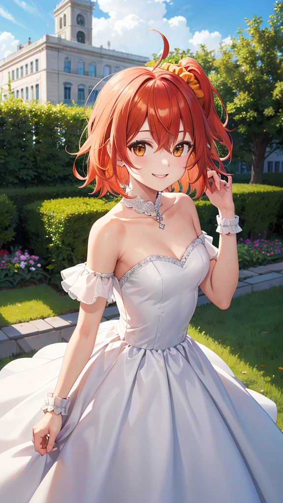 masterpiece, best quality, highres, aaritsuka, short hair, ahoge, hair scrunchie, orange scrunchie, smile, city, garden, wedding dress, off the shoulder