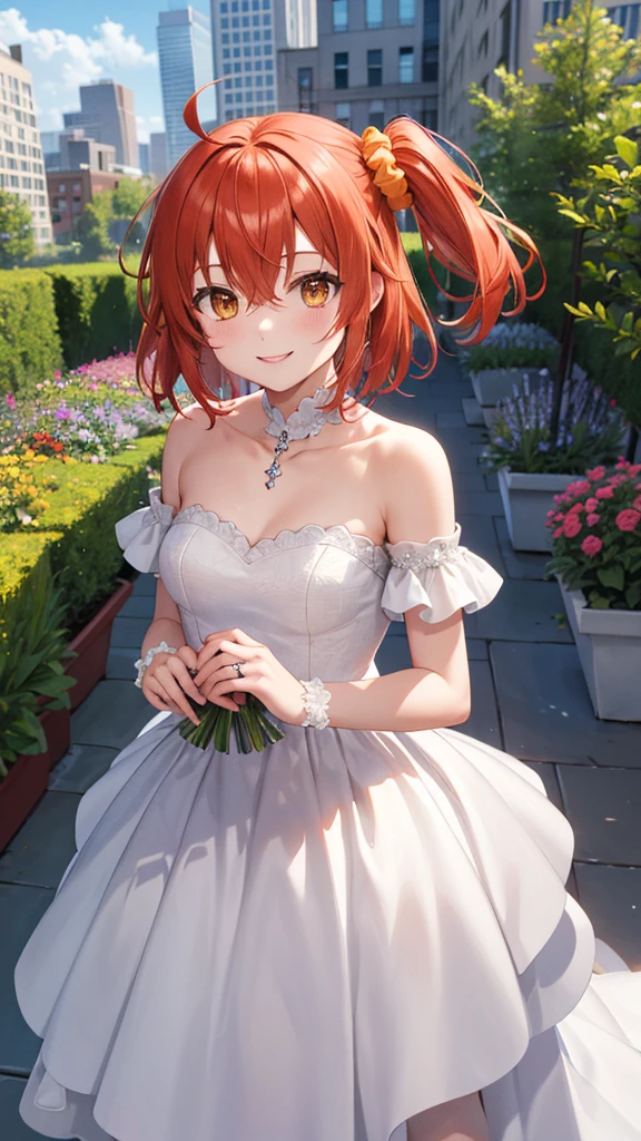 masterpiece, best quality, highres, aaritsuka, short hair, ahoge, hair scrunchie, orange scrunchie, smile, city, garden, wedding dress, off the shoulder