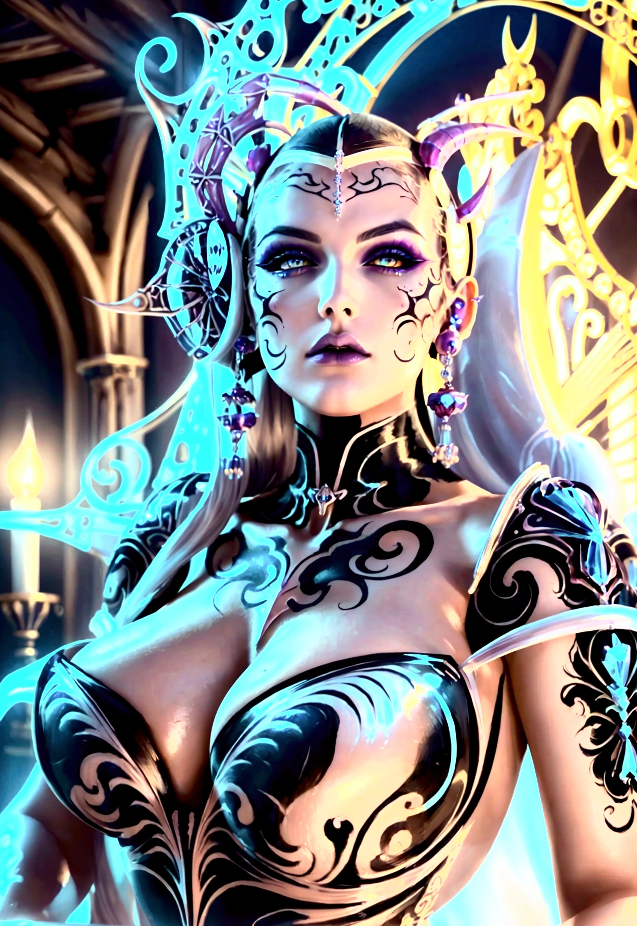 white forest background, colorful design, Aurora, mythical and fatal seduction, dynamic pose, porous white hair, big eyes, blue eyes, body covered in tattoos, red lips, dark light, bright light. mystical, thread outfit, Well detailed body, well detailed face, detailed eyes, detailed hands, strict details. tender look. perfect body, super detailed, 8k, masterpiece, vivid colors.
