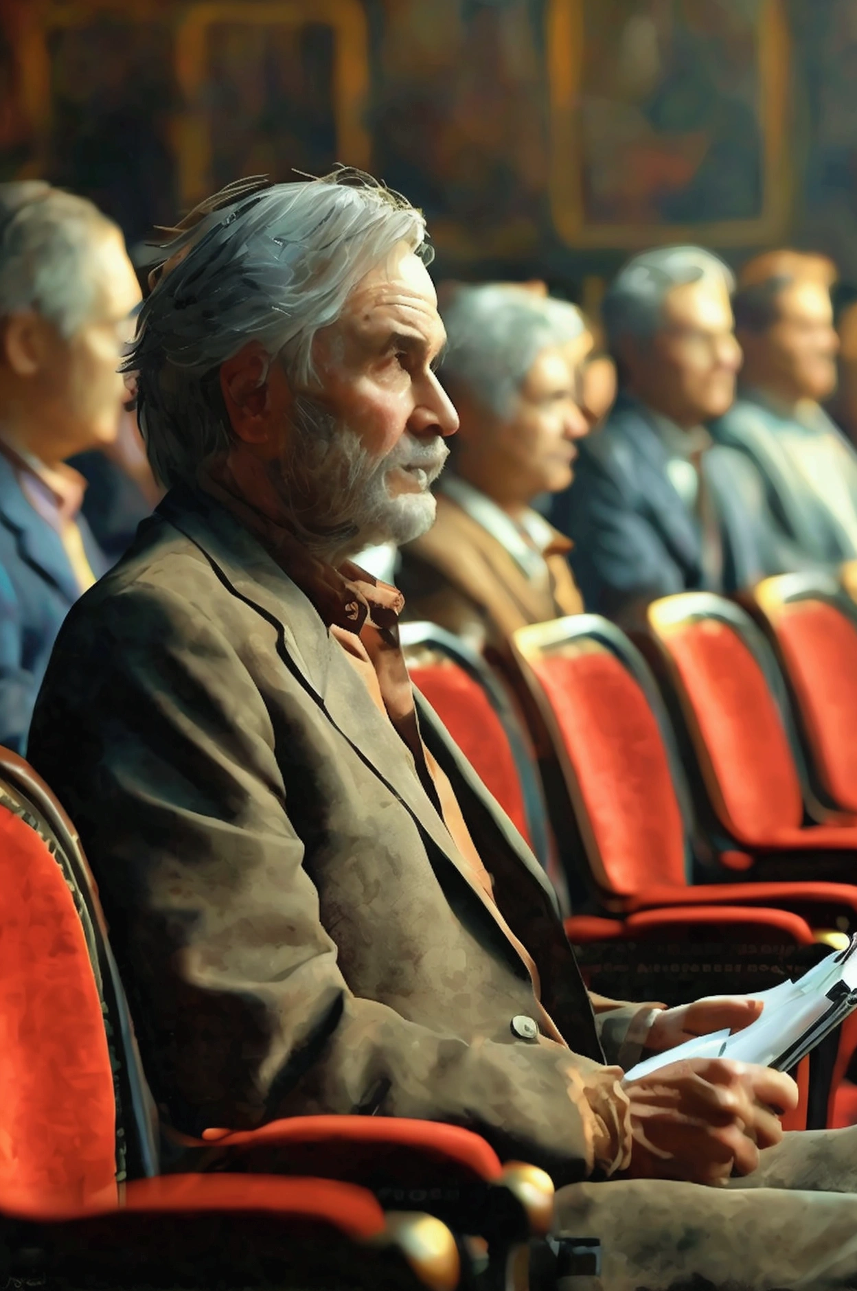 A dimly lit room filled with chairs in a circle. In the foreground, a middle-aged man with a weary expression is holding a notepad tightly, surrounded by supportive faces. The atmosphere is tense yet hopeful, capturing the essence of vulnerability —ar 16:9.