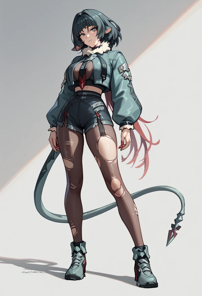 1 girl, Jane Doe, Zenless Zone Zero, large breasts, standing, tights, ripped tights, full body