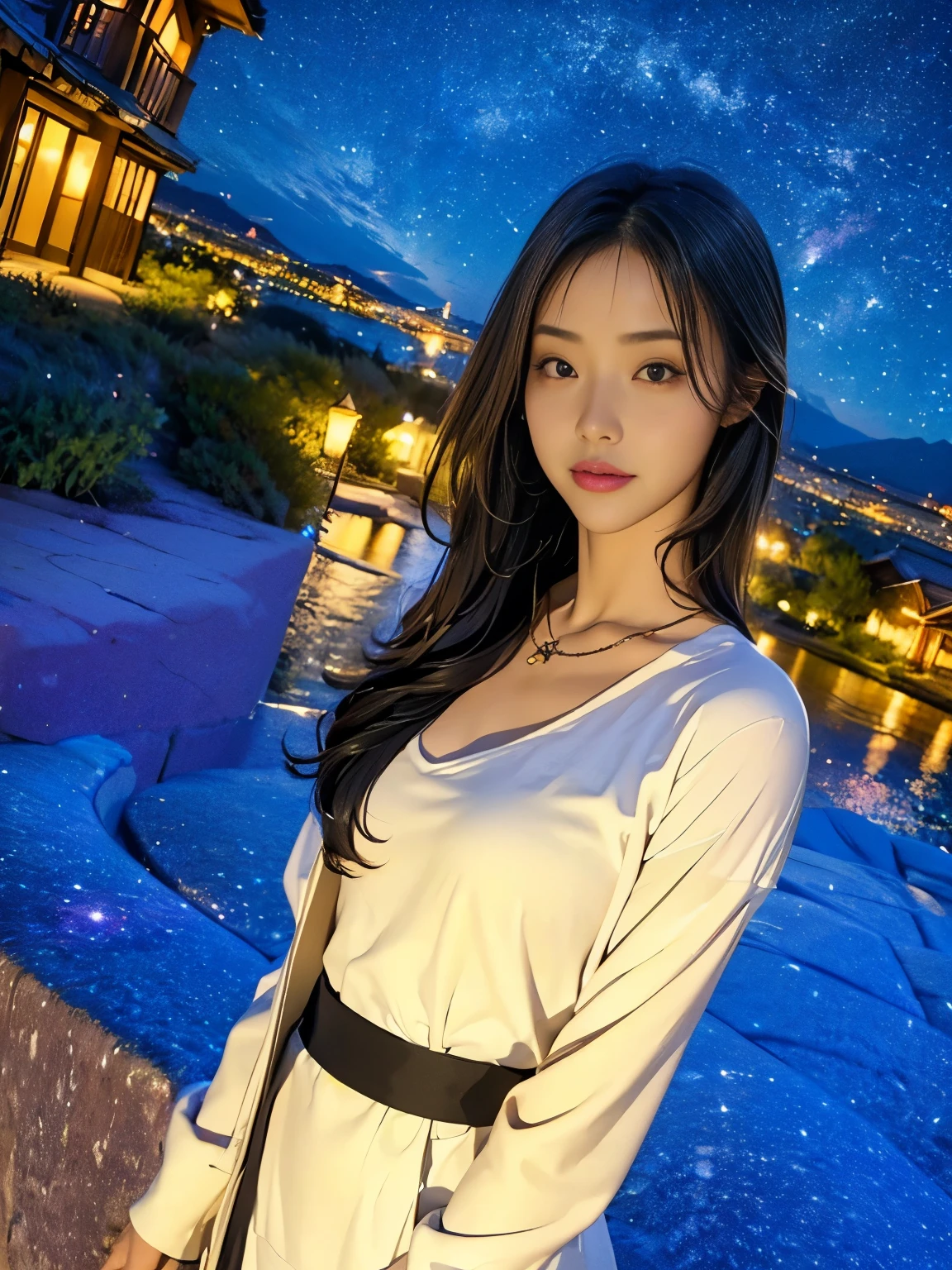 of Misaki,Angle from below、Outside the house、Starry Sky、Countless twinkling stars々、milky way、美しいStarry Sky、Luminous Particles、Night Sky、Uyuni Salt Flats、Night Skyを映し、Summer clouds spreading in all directions. A girl walks through the middle, 無数のStarry Skyに囲まれた, Stunning views、woman、A dark-haired、Two-tiered long hair、Chinese hair ornament、Black Hair、Big Eyes、Double Eyes、Beautiful Skin、Small breasts、ancient chinese costume、Transparent silk fabric、Red and white outfit、open jacket、Heavy sweating、Wet Hair、Covered in water、Best Quality、masterpiece、Photogenic、Front Focus:1.0、Depth of written boundary,ボケDepth of written boundary、Midsummer Palace、At home、