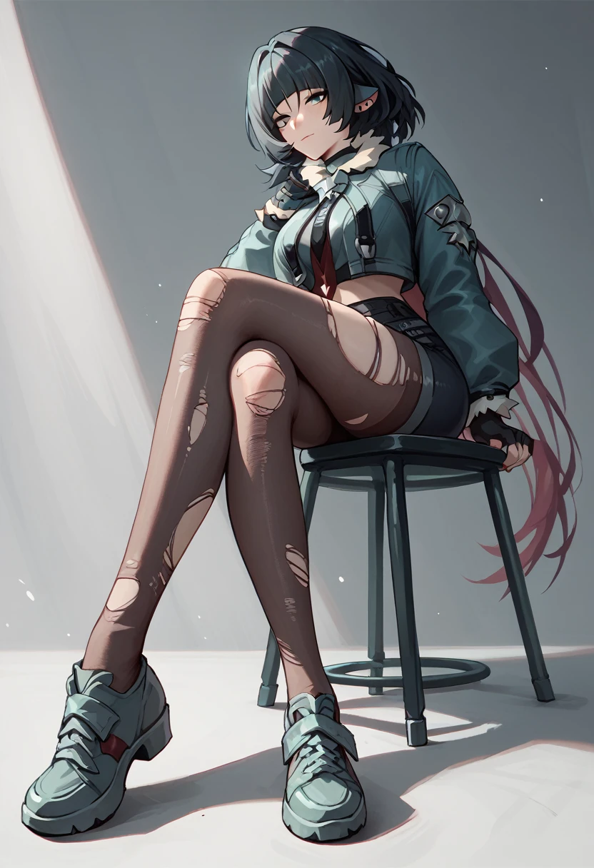 1 girl, Jane Doe, Zenless Zone Zero, large breasts, tights, ripped tights, full body, sitting, legs crossed