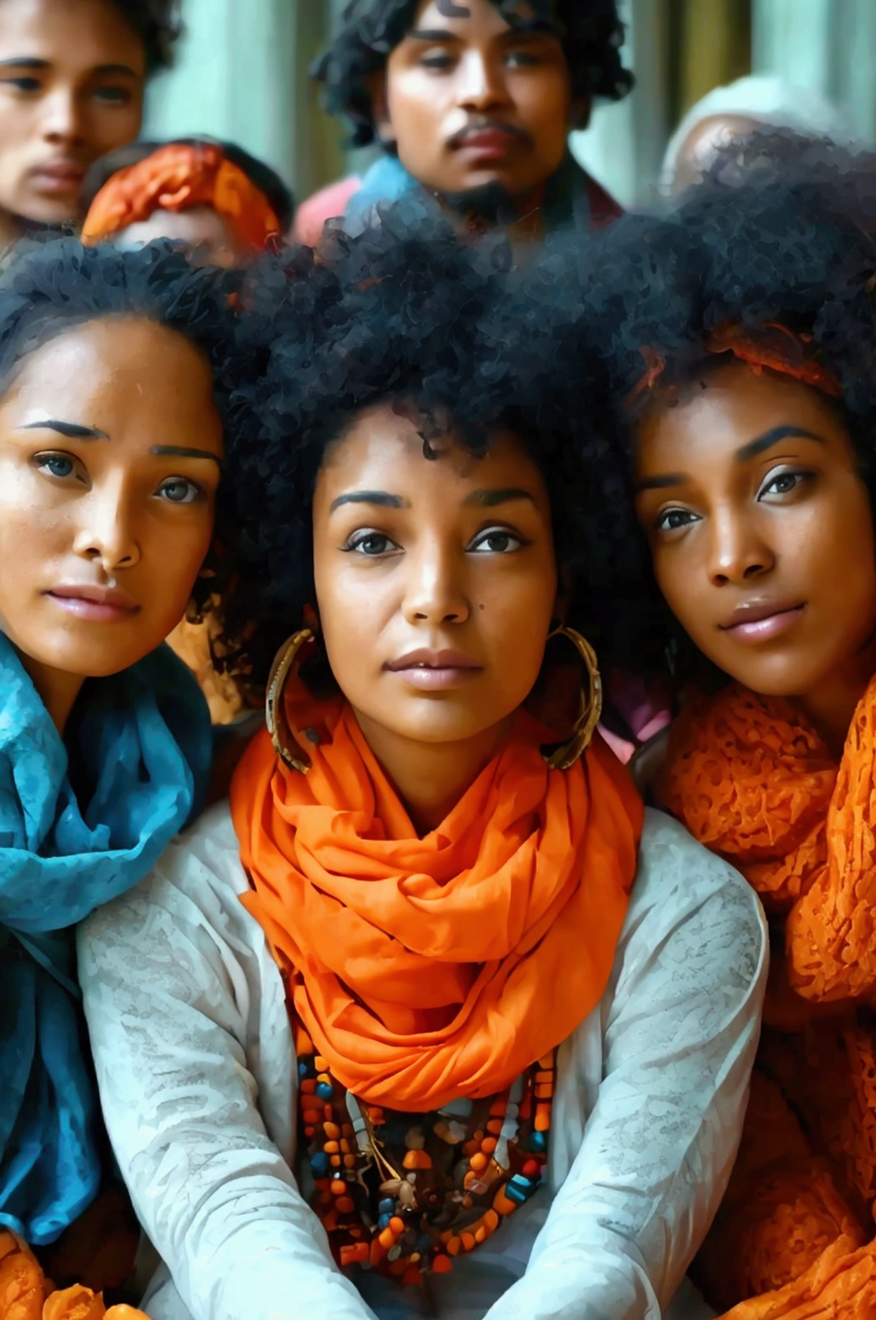 A vibrant group of diverse individuals of various ethnicities, sitting together in a circle. Each person is engaged, with expressions of empathy and understanding, as one woman with curly hair and brown skin shares her story passionately —ar 16:9.