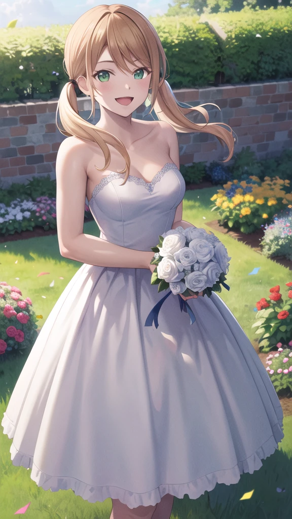 masterpiece, best quality, highres, 1girl, solo, blonde hair, low twintails, green eyes, wedding dress, strapless, smile, open mouth, holding bouquet, standing, cowboy shot, garden, confetti,