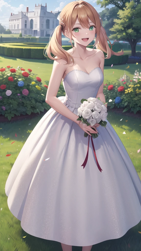 masterpiece, best quality, highres, 1girl, solo, blonde hair, low twintails, green eyes, wedding dress, strapless, smile, open mouth, holding bouquet, standing, cowboy shot, garden, confetti,