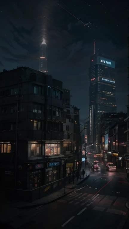 Cyberpunk streetscape with tall skyscrapers, Glowing neon signs and LED lights, traffic with futuristic cyberpunk cars and ((Flying cars in the sky)), Dark atmosphere, Cinematic lighting, Extremely detailed, featuring urbane buildings, featuring brutalist arquitecture, at night with moon, Starry Night Sky, red neon lights, long shot