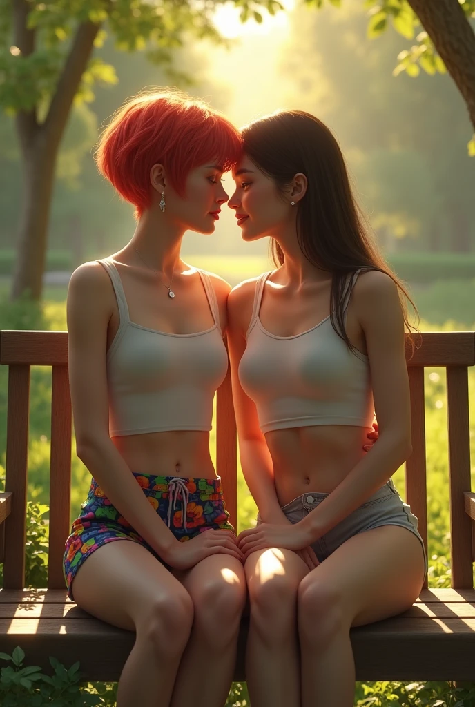 Nsfw:1.5, two women kissing, wearing shorts and tops, eating cones, in the style of beautiful women, wavy, hot body, streetwise style, stunning, intricately detailed, beautifully color-coded, unreal engine, octane render, natural lighting, ar 9:16, style expressive