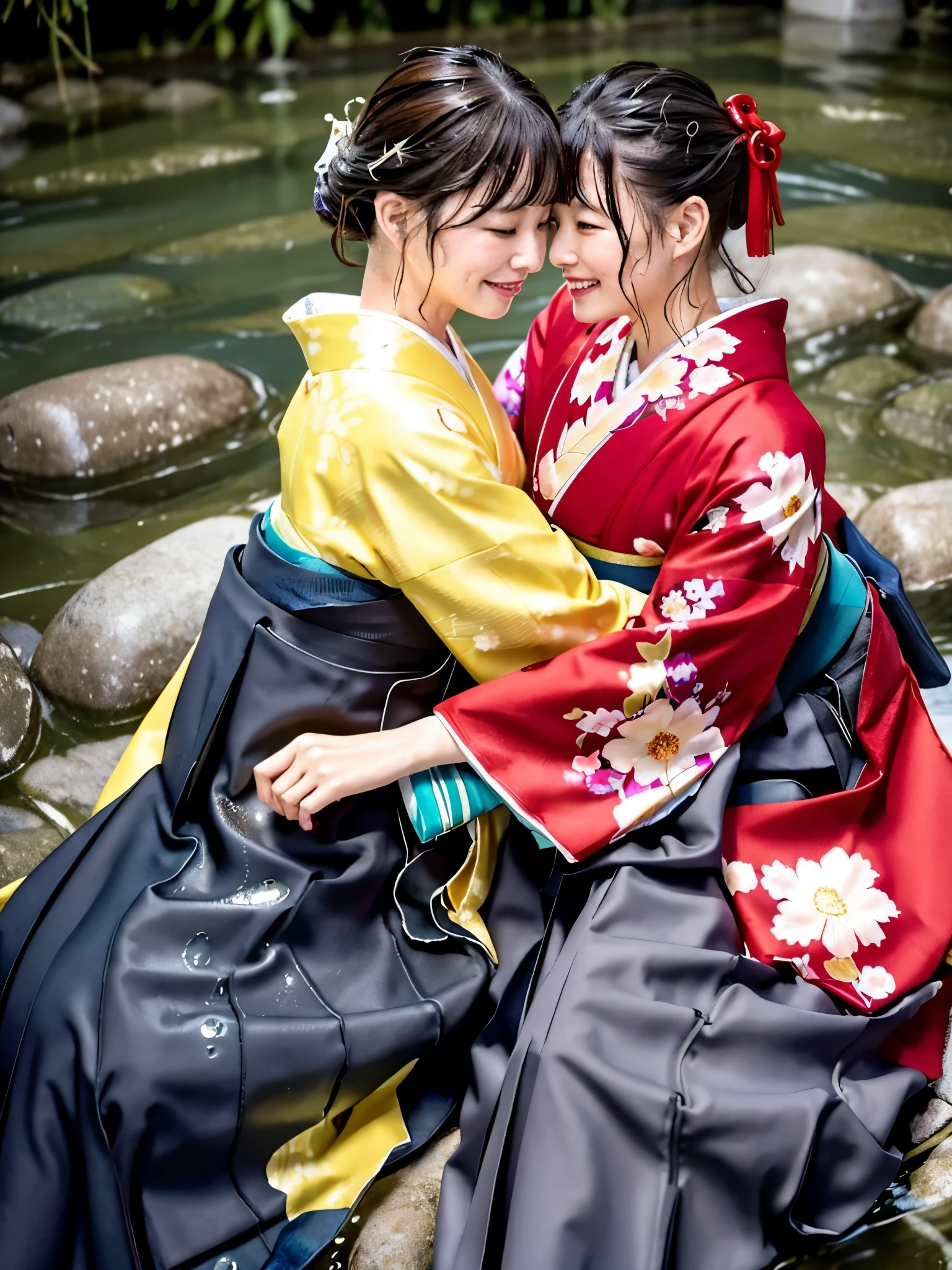 Realistic, long-sleeved kimono, hakama, long hakama, floral kimono, wet clothes, soaking wet clothes, wet and shiny clothes, clothes with a wet texture, clothes clinging to the body, woman submerged in a river, hakama submerged in a river, woman submerged in water, hakama submerged in water, women embracing each other