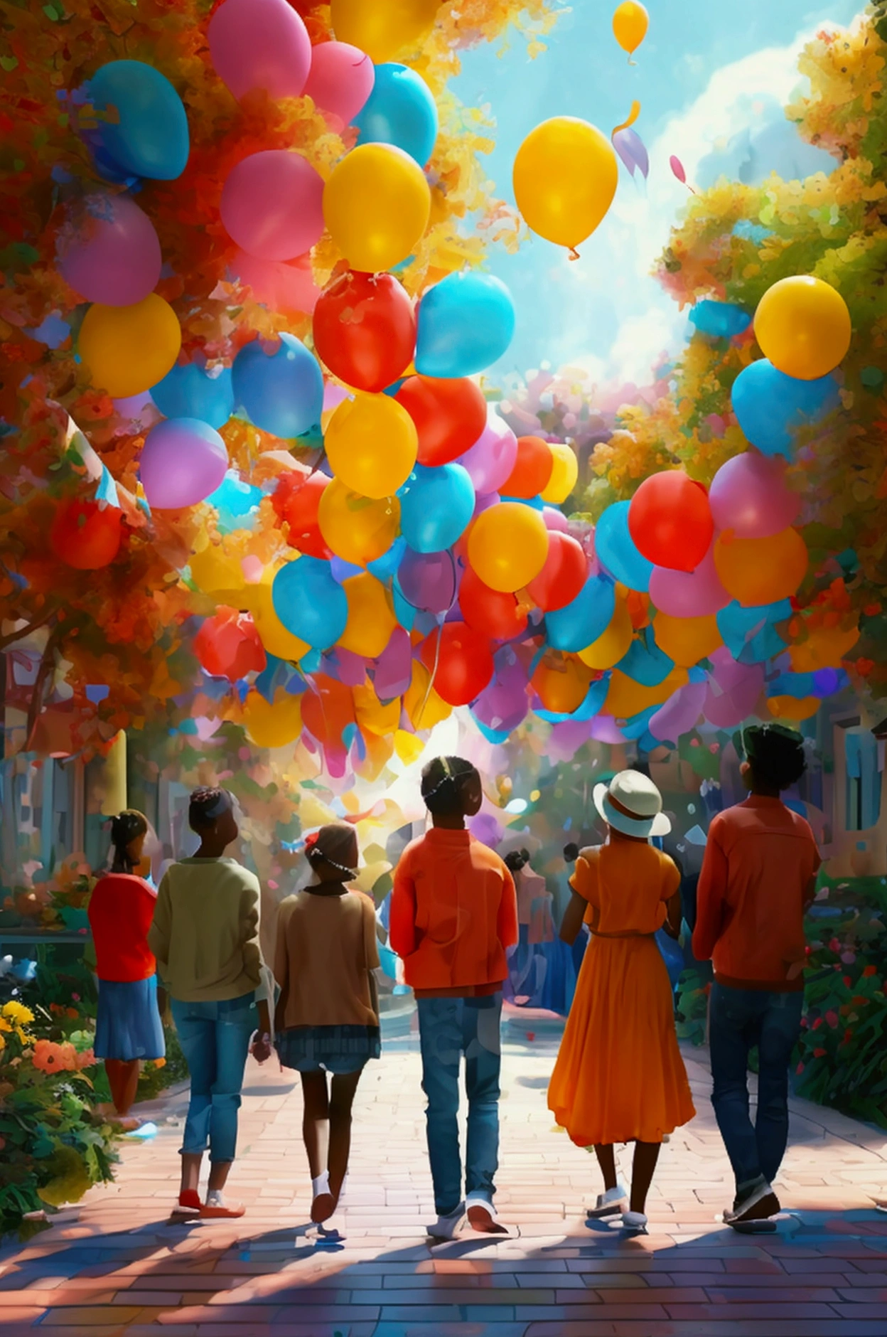 A lively scene of a community center decorated with colorful balloons and streamers. People of different ages and ethnic backgrounds are playing instruments joyfully. The atmosphere is filled with laughter and connection, symbolizing healing through music —ar 16:9.