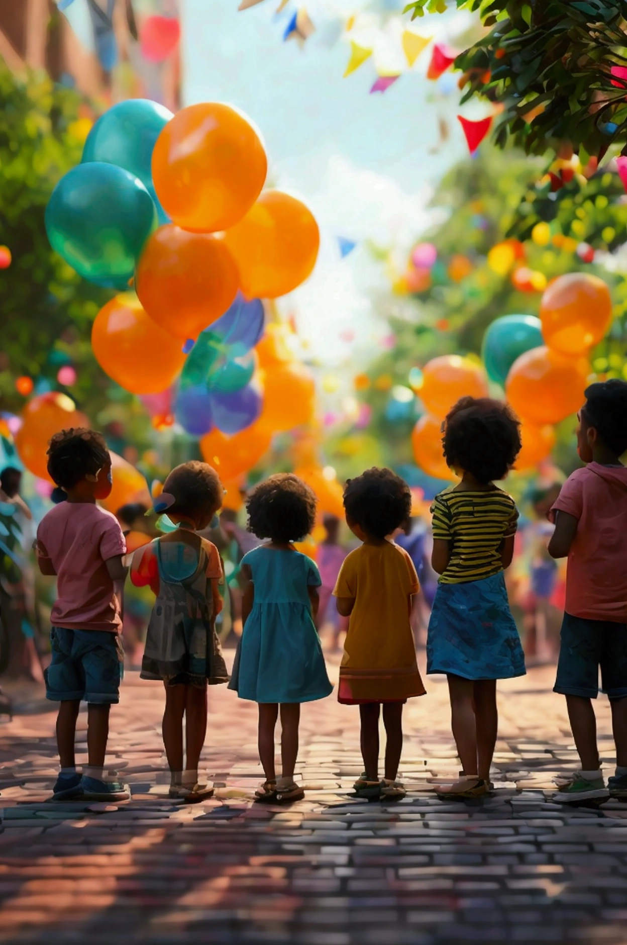 A lively scene of a community center decorated with colorful balloons and streamers. People of different ages and ethnic backgrounds are playing instruments joyfully. The atmosphere is filled with laughter and connection, symbolizing healing through music —ar 16:9.