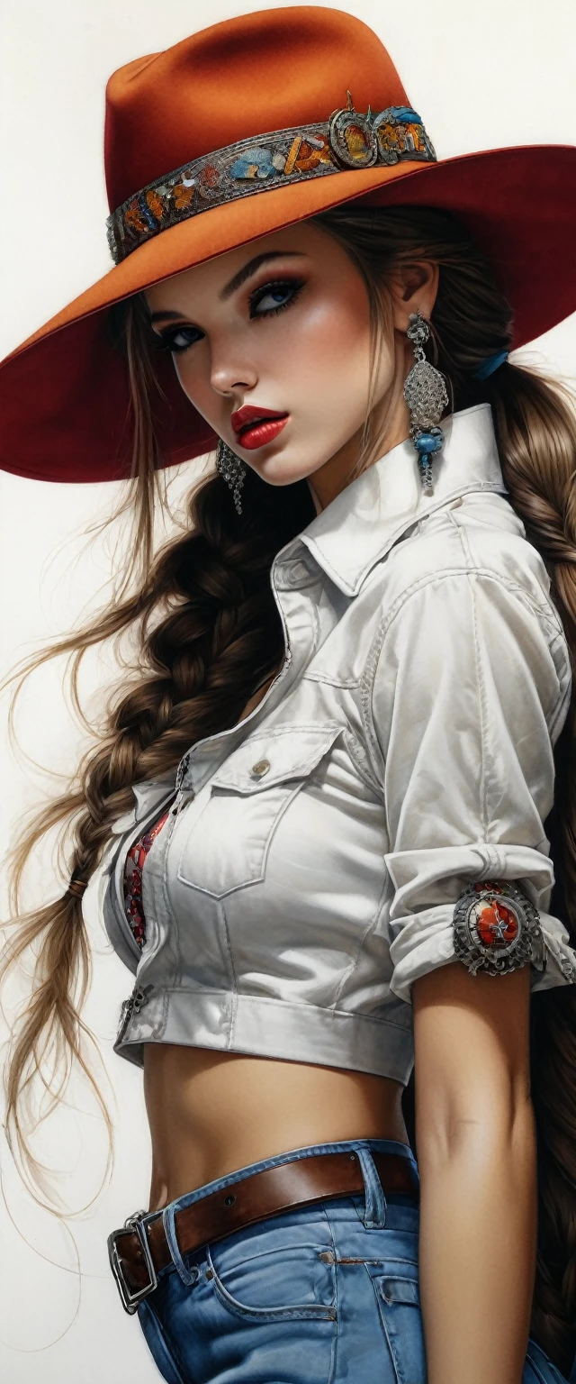 (The best quality,4k,8K,highres,masterpiece:1.2),ultra-detailed,(realistic,photorealistic,photo-realistic:1.37),1 girl,hip hop style outfit,high ponytail,incredibly long hair,cowgirl pose,looking at the viewer,leaning forward,by santiago caruso,By Mike Azevedo,detailed eyes,detailed lips,extremely detailed face,long eyelashes,dynamic pose,showy,Vibrant colors,warm lighting