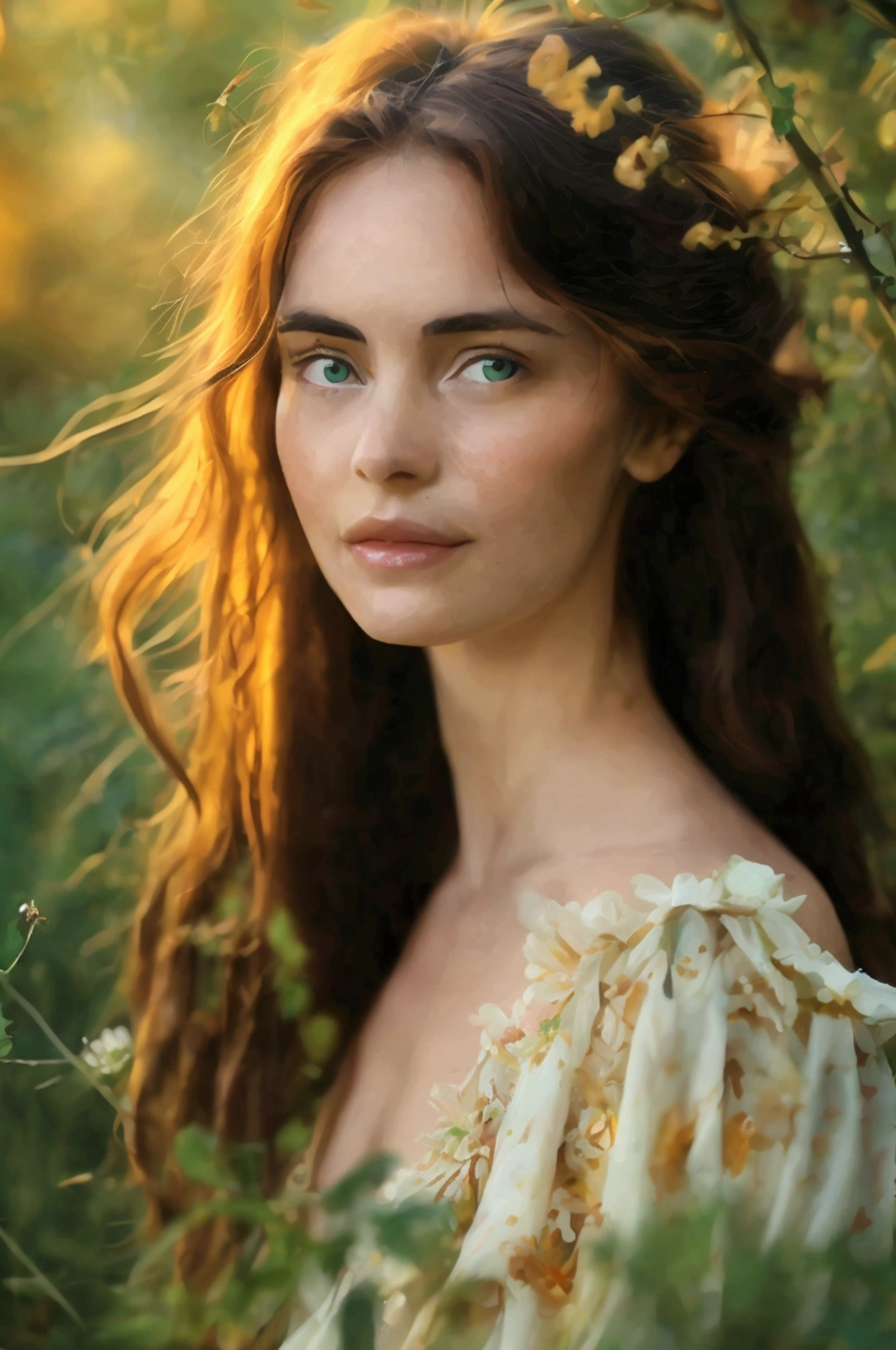 A portrait of Clara, a woman in her early thirties with long, wavy chestnut hair and bright green eyes, smiling warmly at the camera. She wears a light summer dress in soft colors. The background features a garden in full bloom, symbolizing her vibrant spirit and connection to nature. —ar 16:9.