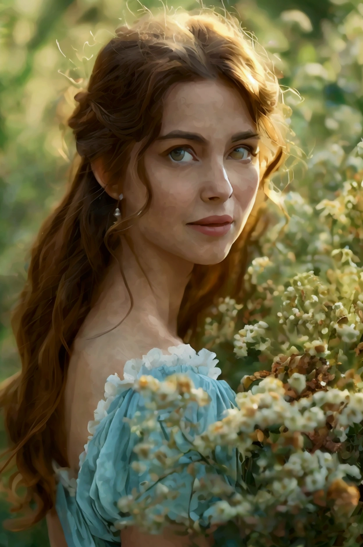 A portrait of Clara, a woman in her early thirties with long, wavy chestnut hair and bright green eyes, smiling warmly at the camera. She wears a light summer dress in soft colors. The background features a garden in full bloom, symbolizing her vibrant spirit and connection to nature. —ar 16:9.