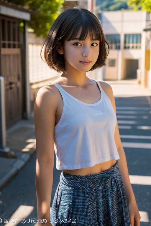 Japanese woman with very short hair、boyish、sporty body、Tank top、summer、I'm nervous before confessing、